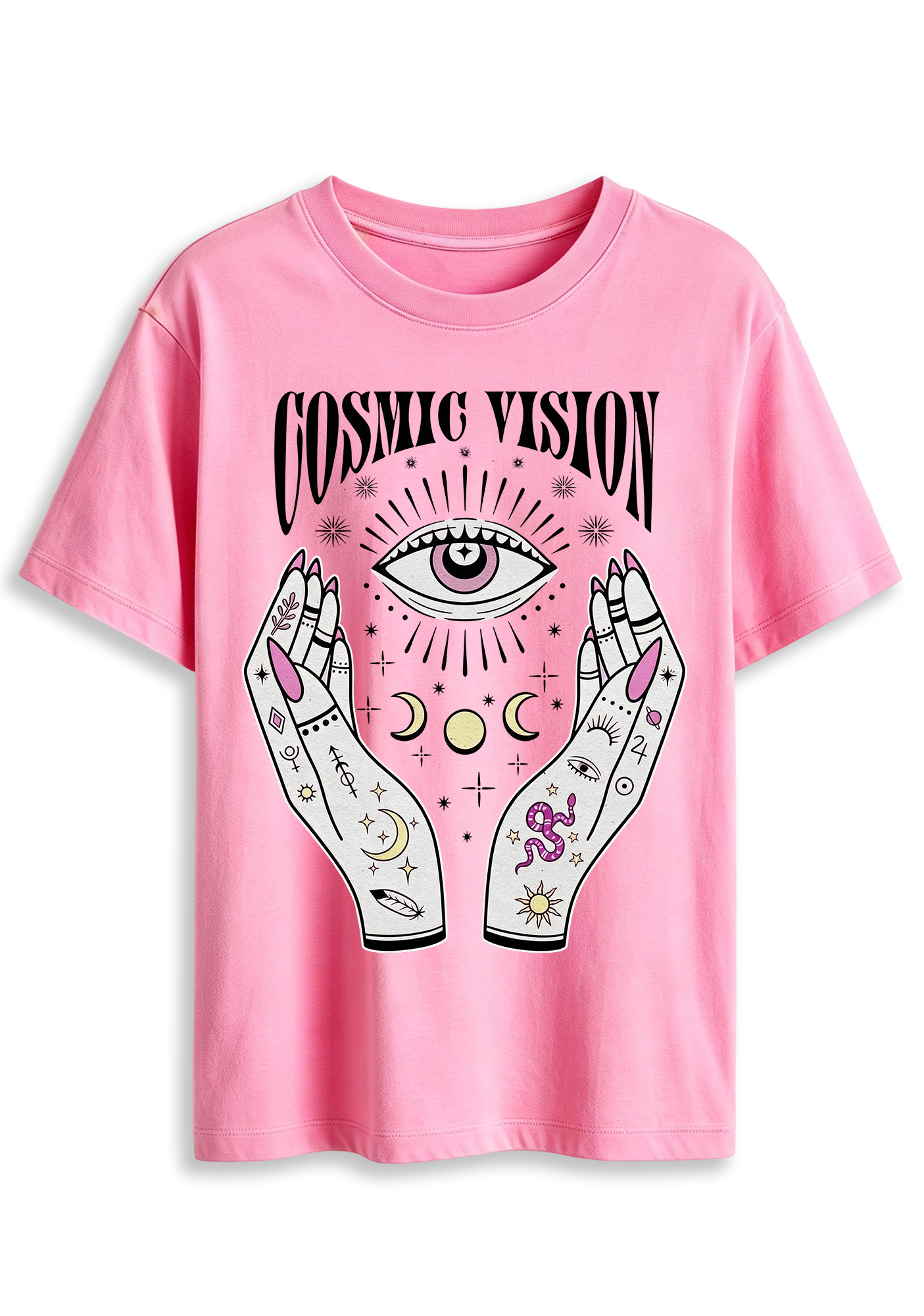 Cosmic Vision Fortune Hands Eye Snake Moon Planet Graphic T-Shirt