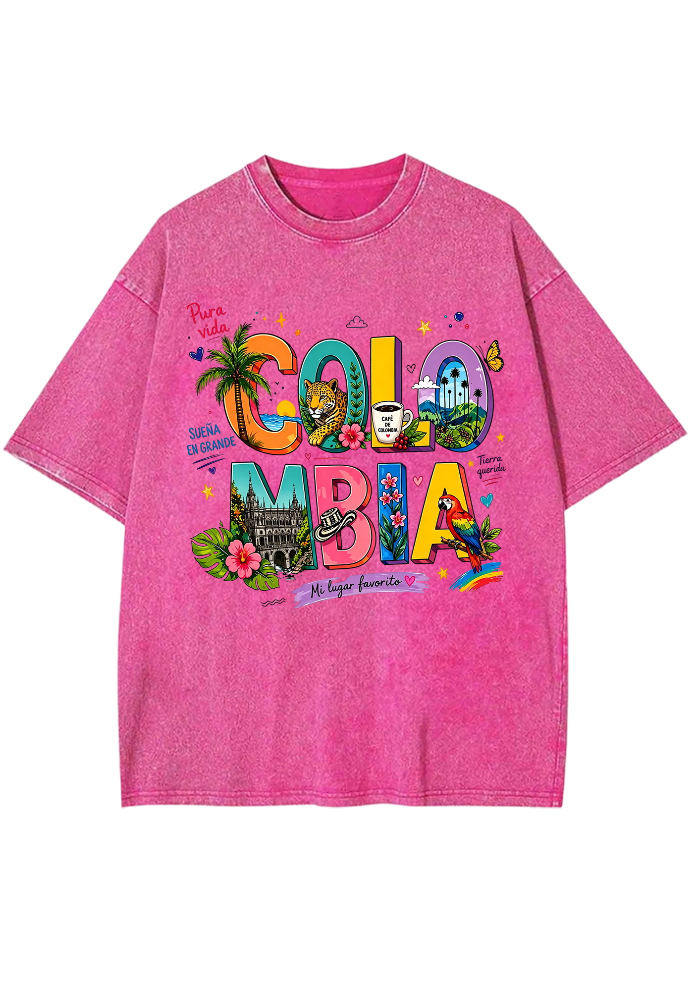 Colorful Colombia Culture Fill Letter Washed Tee