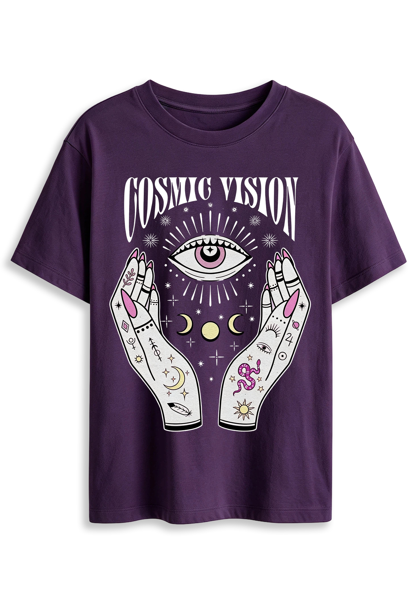 Cosmic Vision Fortune Hands Eye Snake Moon Planet Graphic T-Shirt