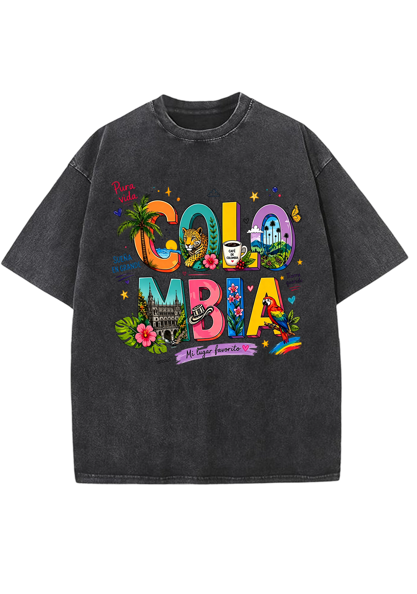 Colorful Colombia Culture Fill Letter Washed Tee