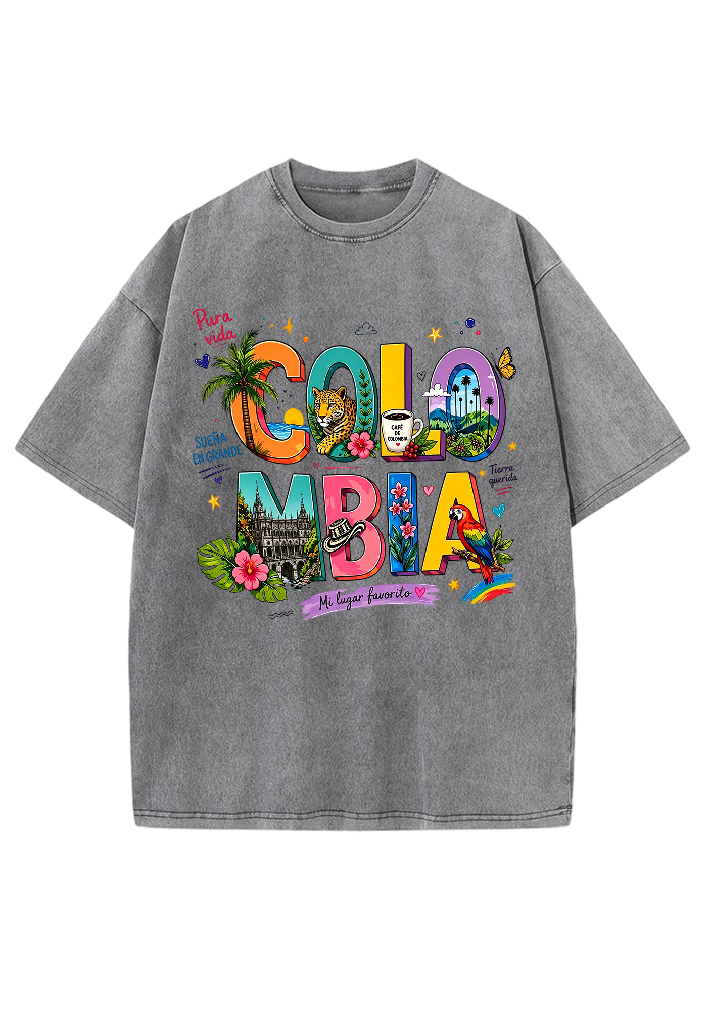 Colorful Colombia Culture Fill Letter Washed Tee