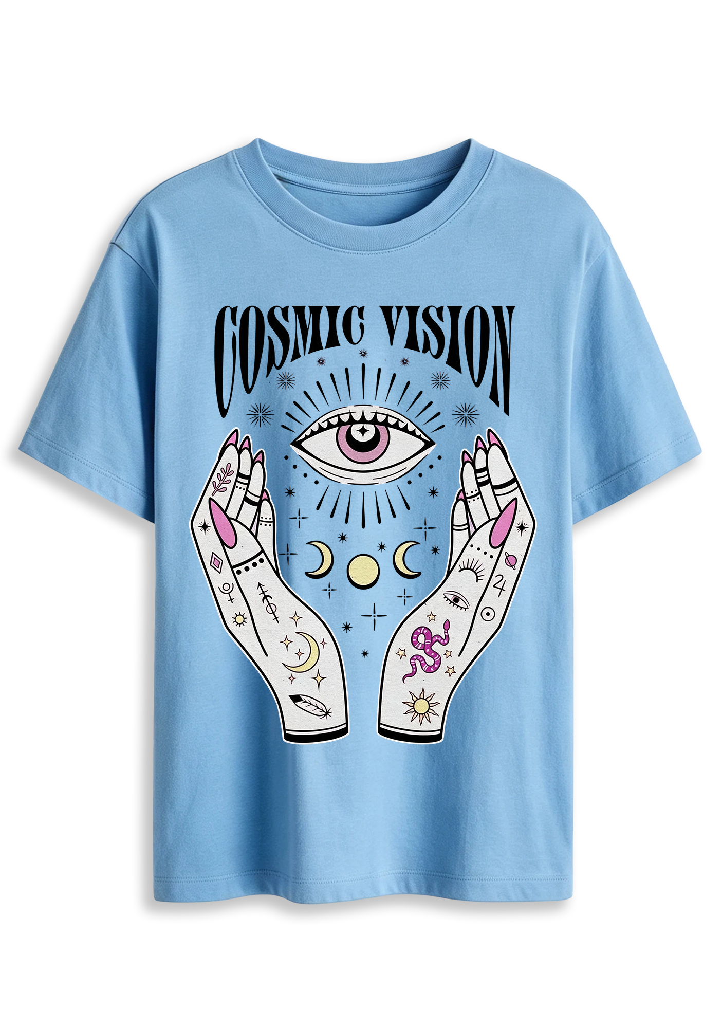 Cosmic Vision Fortune Hands Eye Snake Moon Planet Graphic T-Shirt