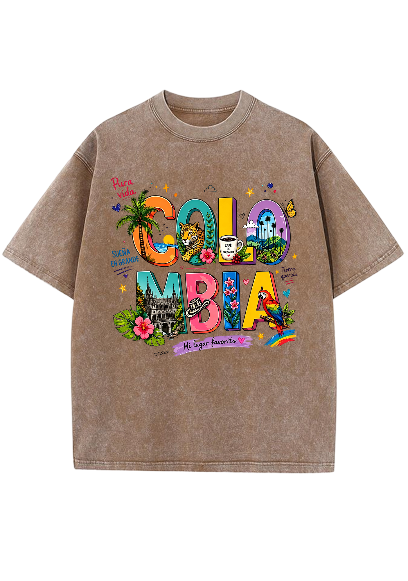 Colorful Colombia Culture Fill Letter Washed Tee