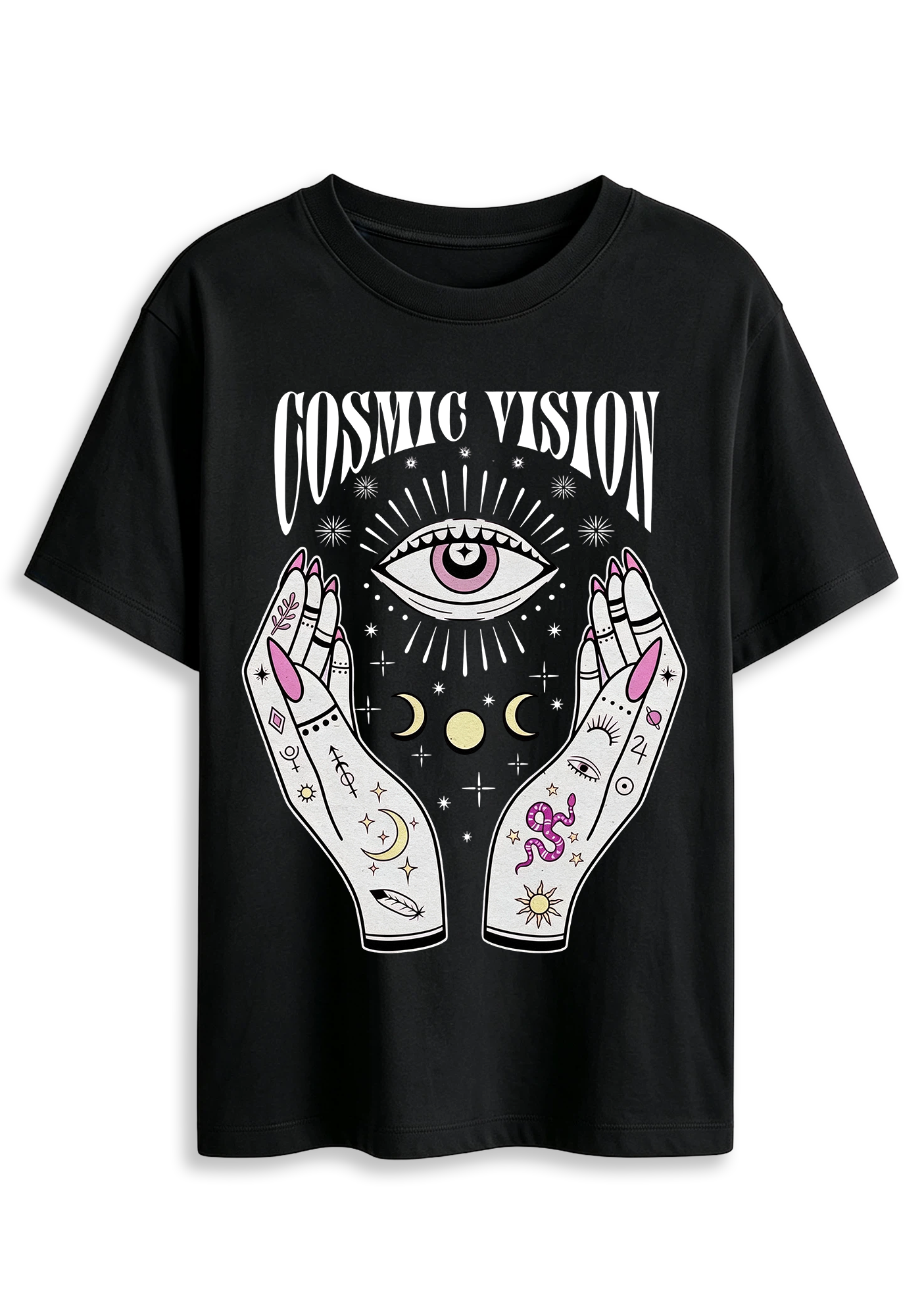 Cosmic Vision Fortune Hands Eye Snake Moon Planet Graphic T-Shirt