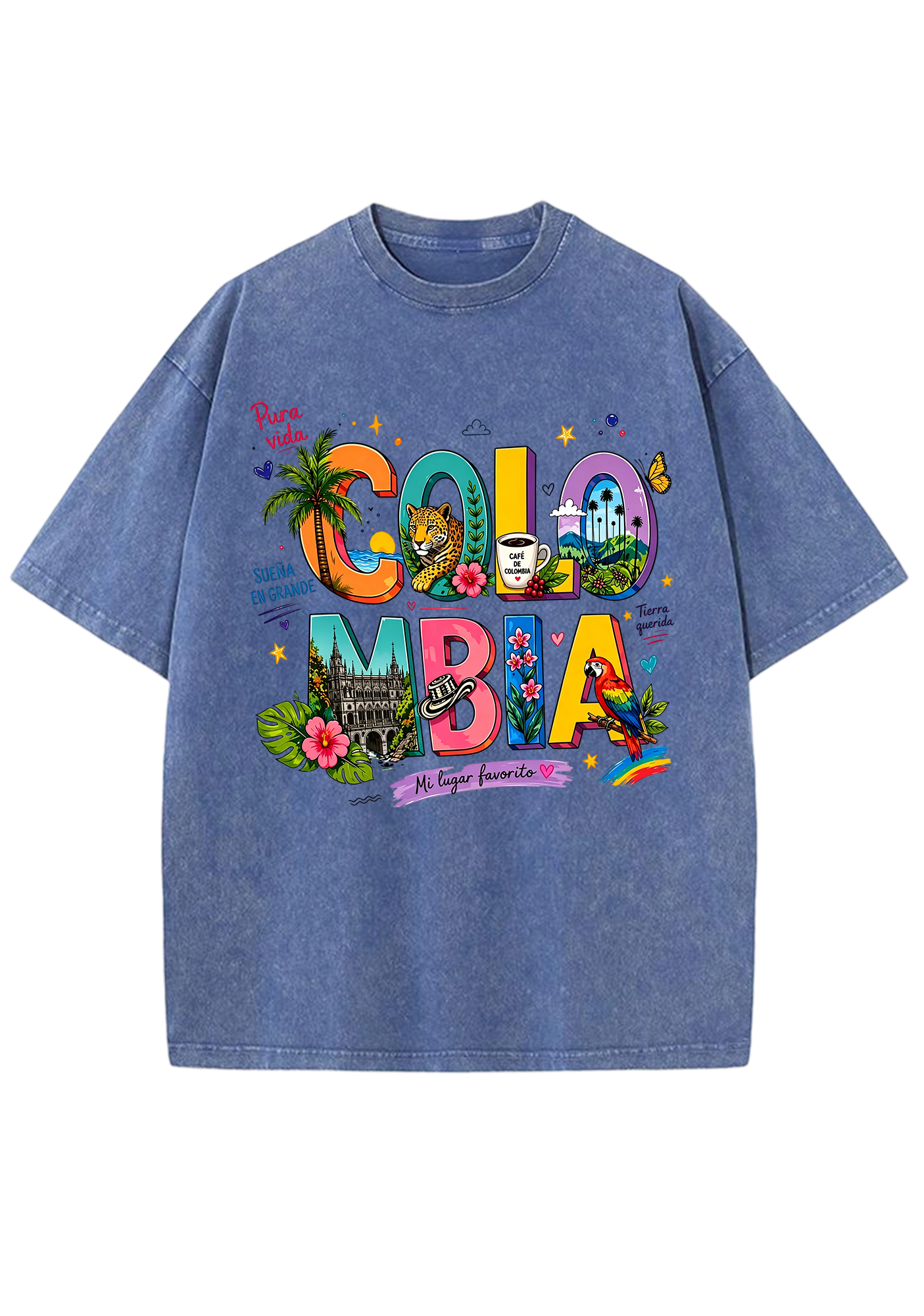 Colorful Colombia Culture Fill Letter Washed Tee