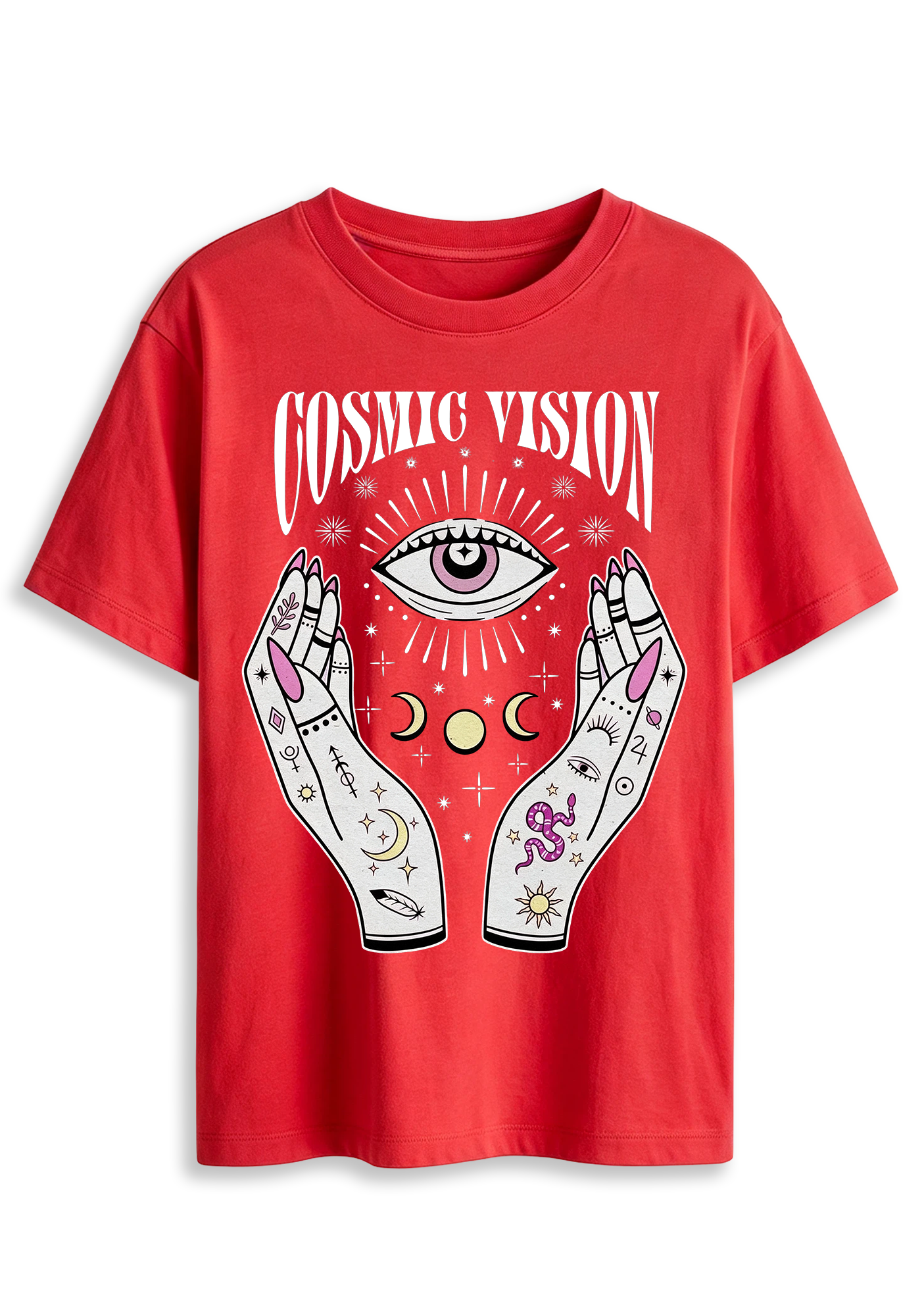 Cosmic Vision Fortune Hands Eye Snake Moon Planet Graphic T-Shirt