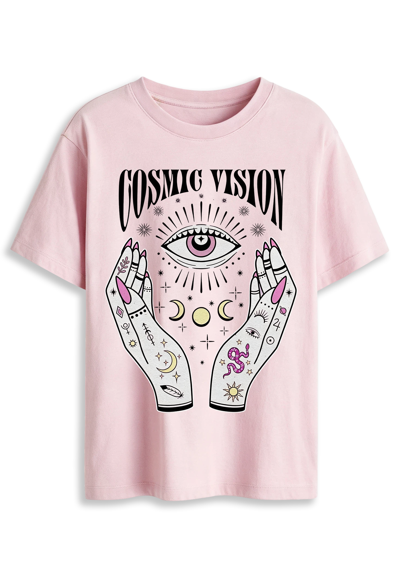 Cosmic Vision Fortune Hands Eye Snake Moon Planet Graphic T-Shirt
