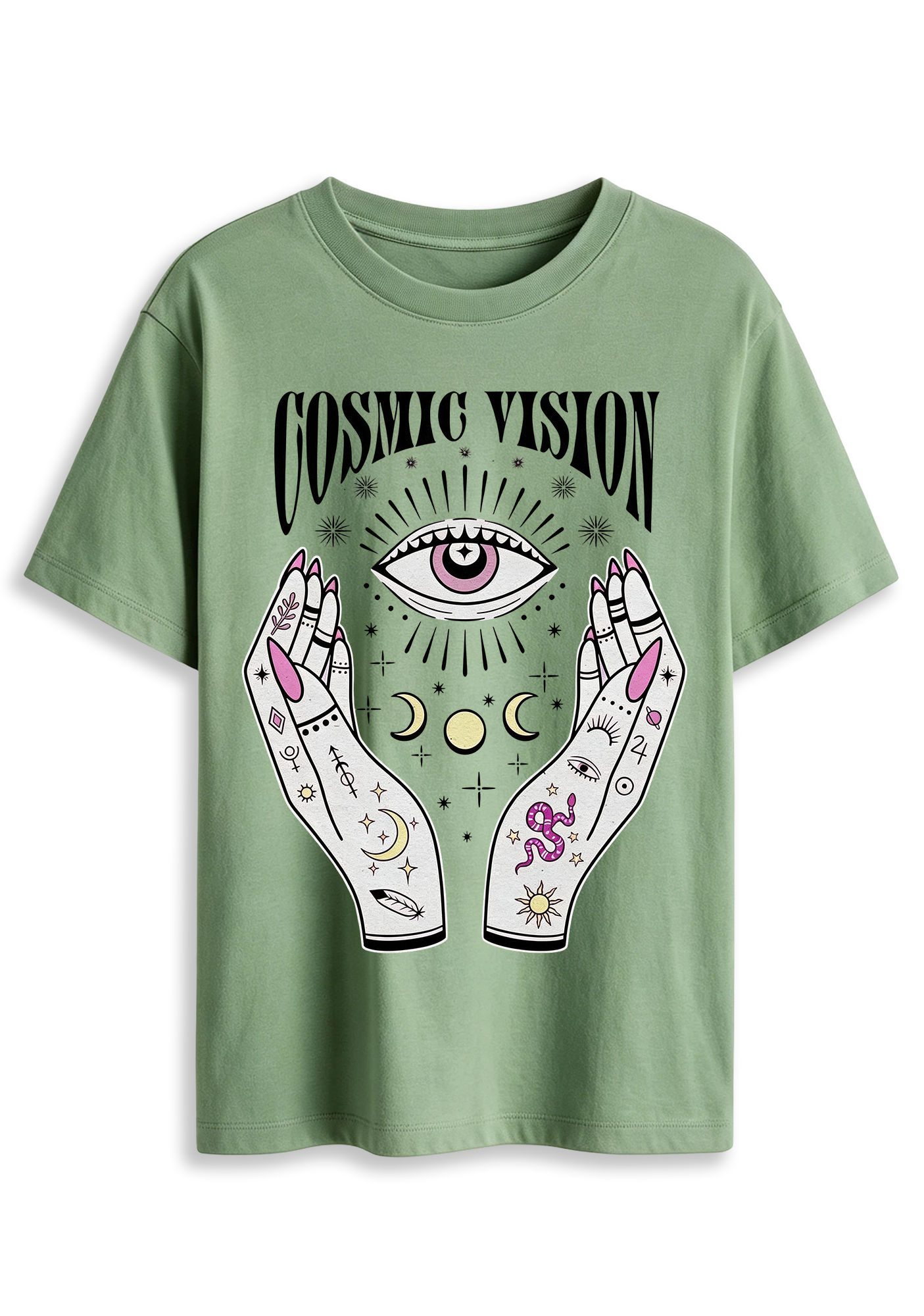 Cosmic Vision Fortune Hands Eye Snake Moon Planet Graphic T-Shirt