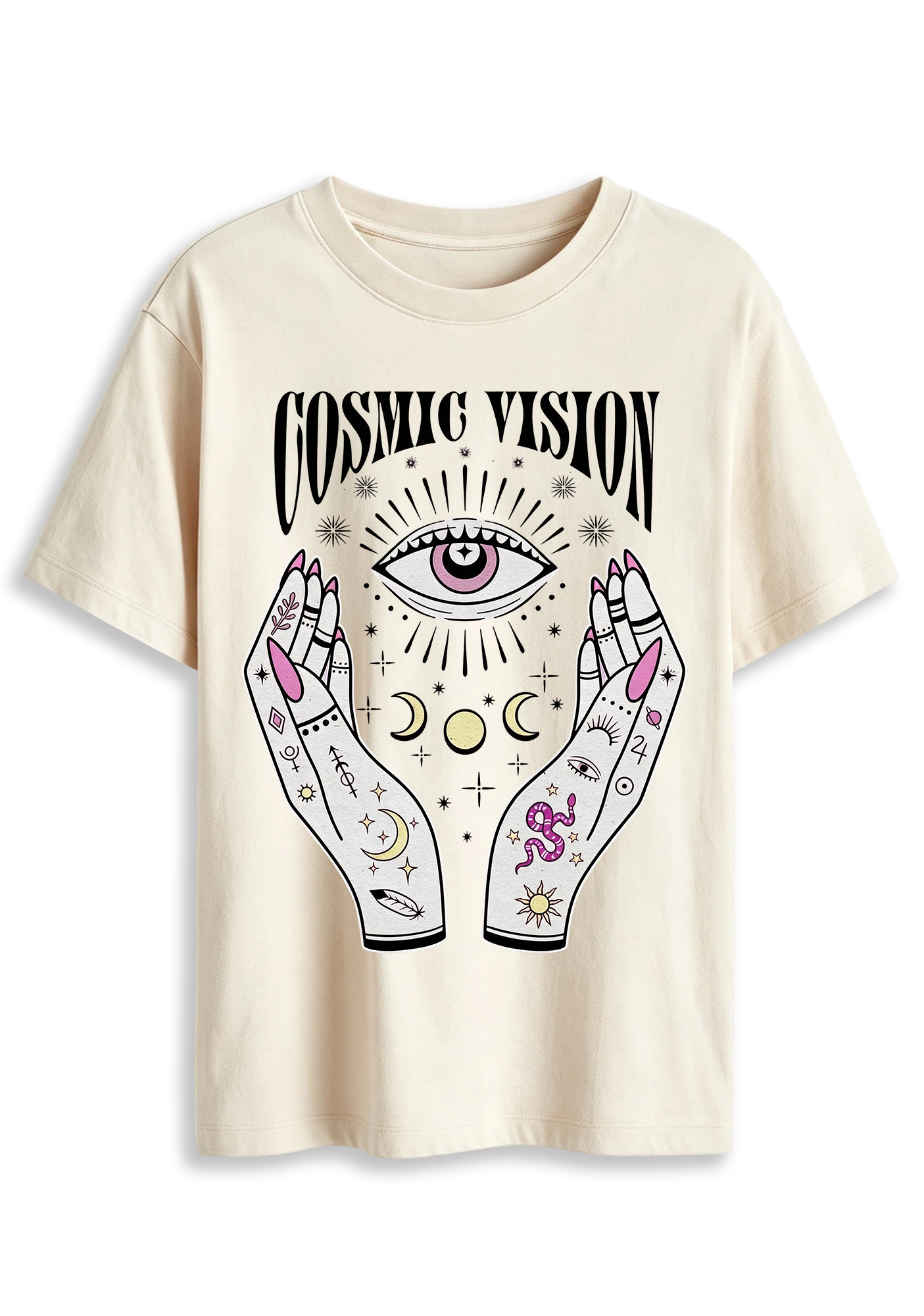 Cosmic Vision Fortune Hands Eye Snake Moon Planet Graphic T-Shirt