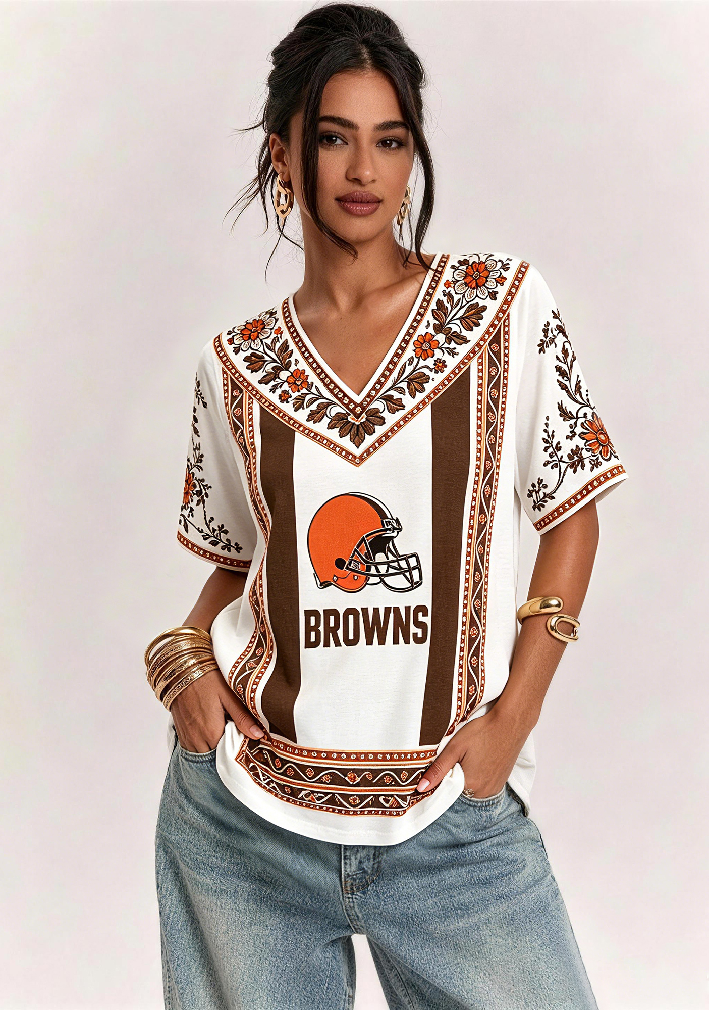 Boho Orange Floral Cleveland Browns V-Neck Blouse