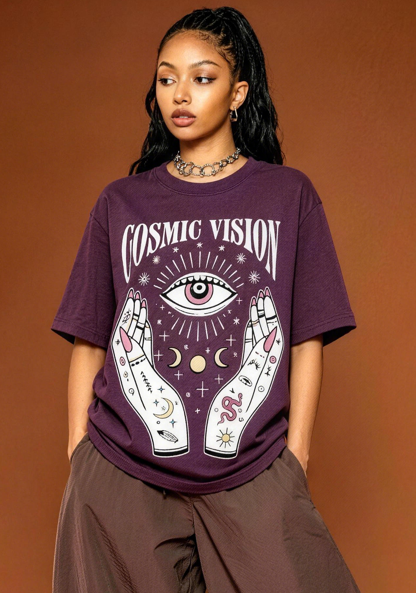 Cosmic Vision Fortune Hands Eye Snake Moon Planet Graphic T-Shirt