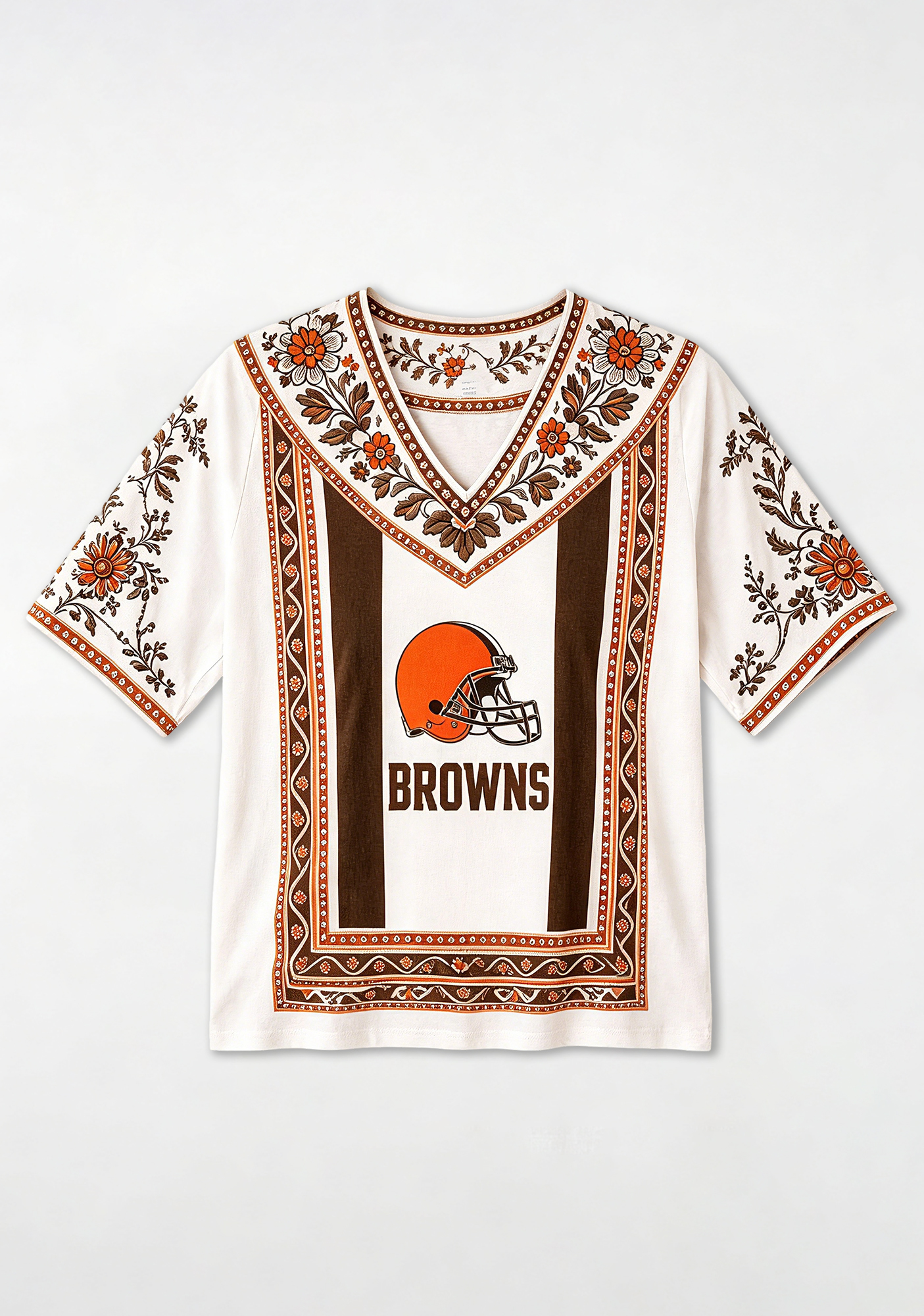 Boho Orange Floral Cleveland Browns V-Neck Blouse