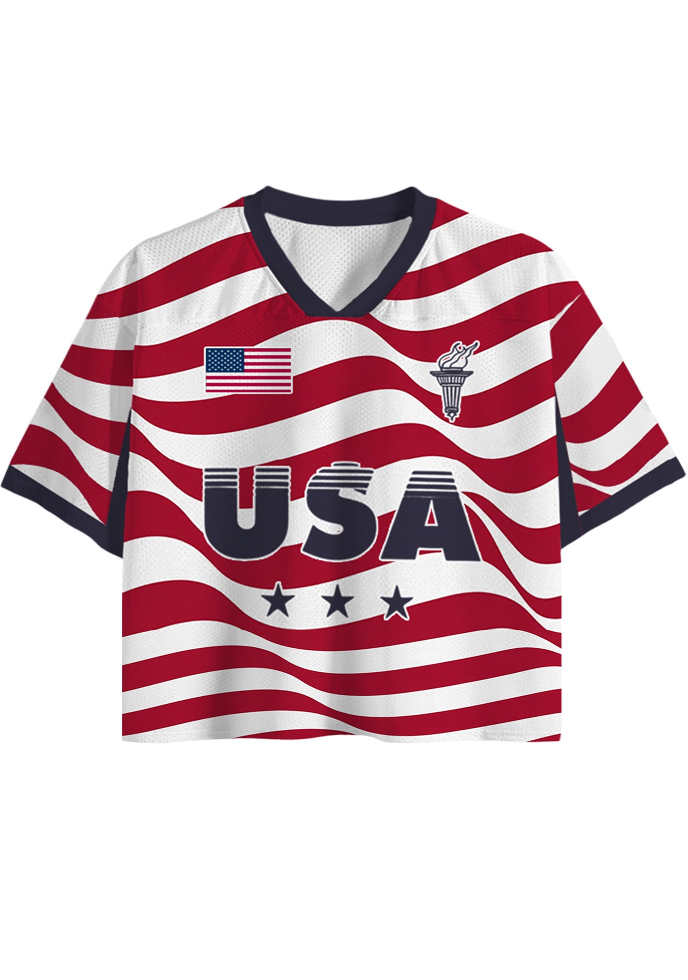 Red White Striped USA Inspired Cropped Mesh Jersey Shirt