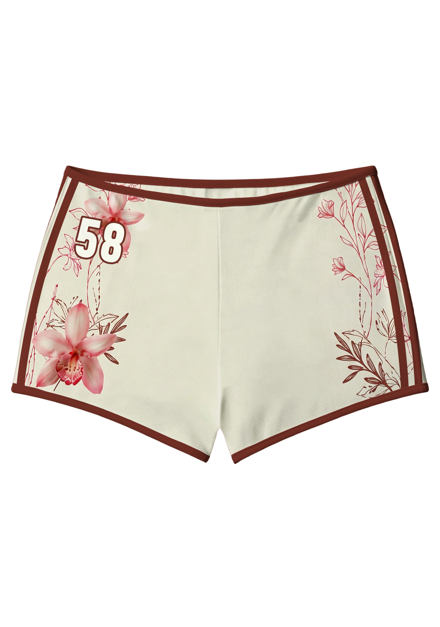 Cream Burgundy Pink Orchid Floral Number 58 Booty Shorts