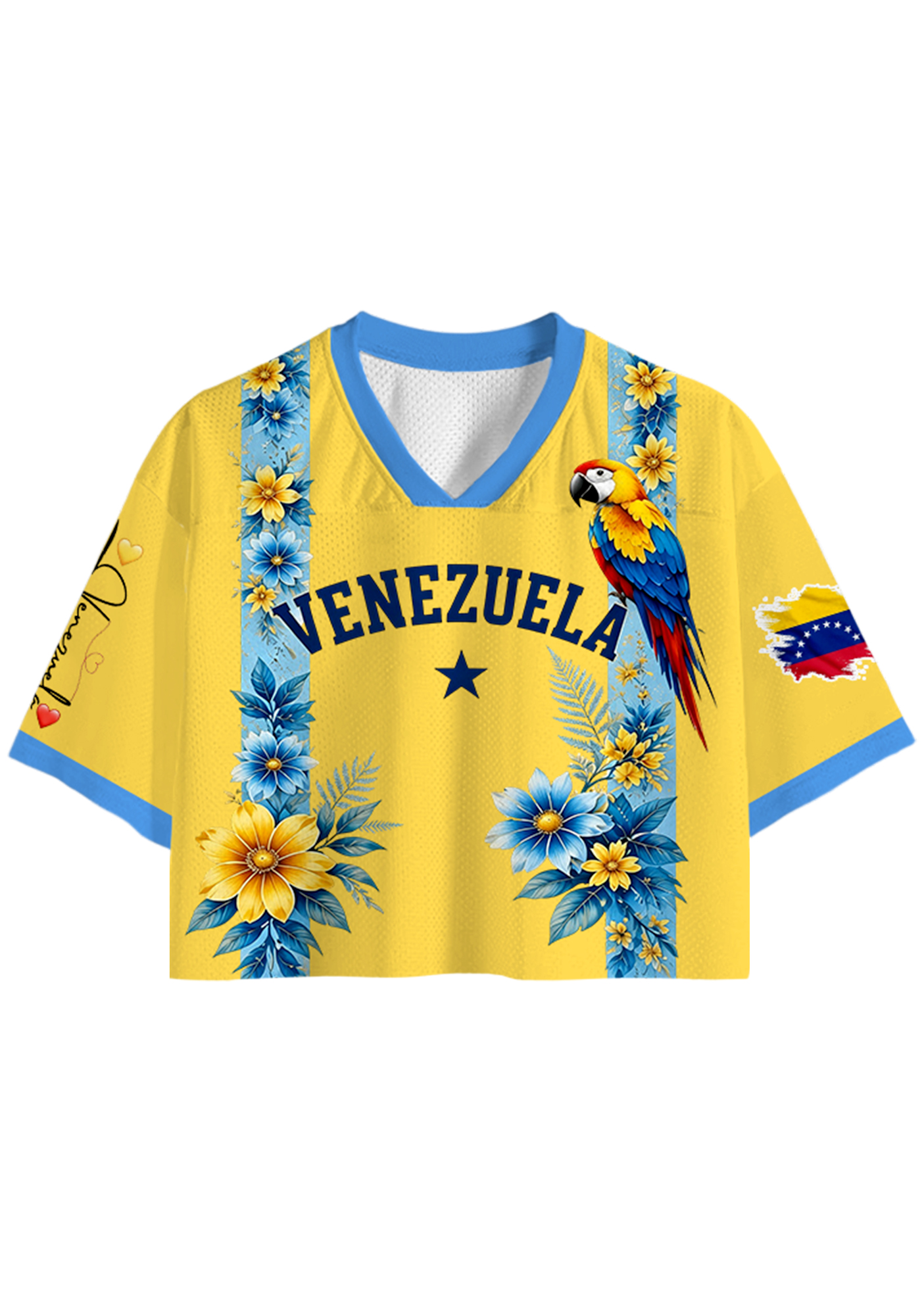 Venezuela Inspired Tropical Parrot Floral Cropped Jersey Shirt