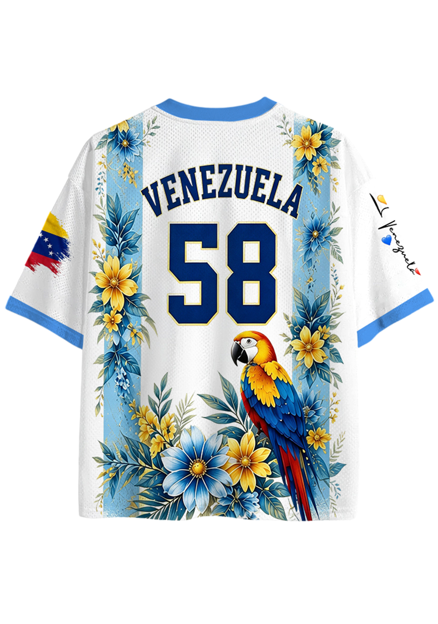 Tropical Parrot Venezuela Floral Print White Mesh Jersey Shirts