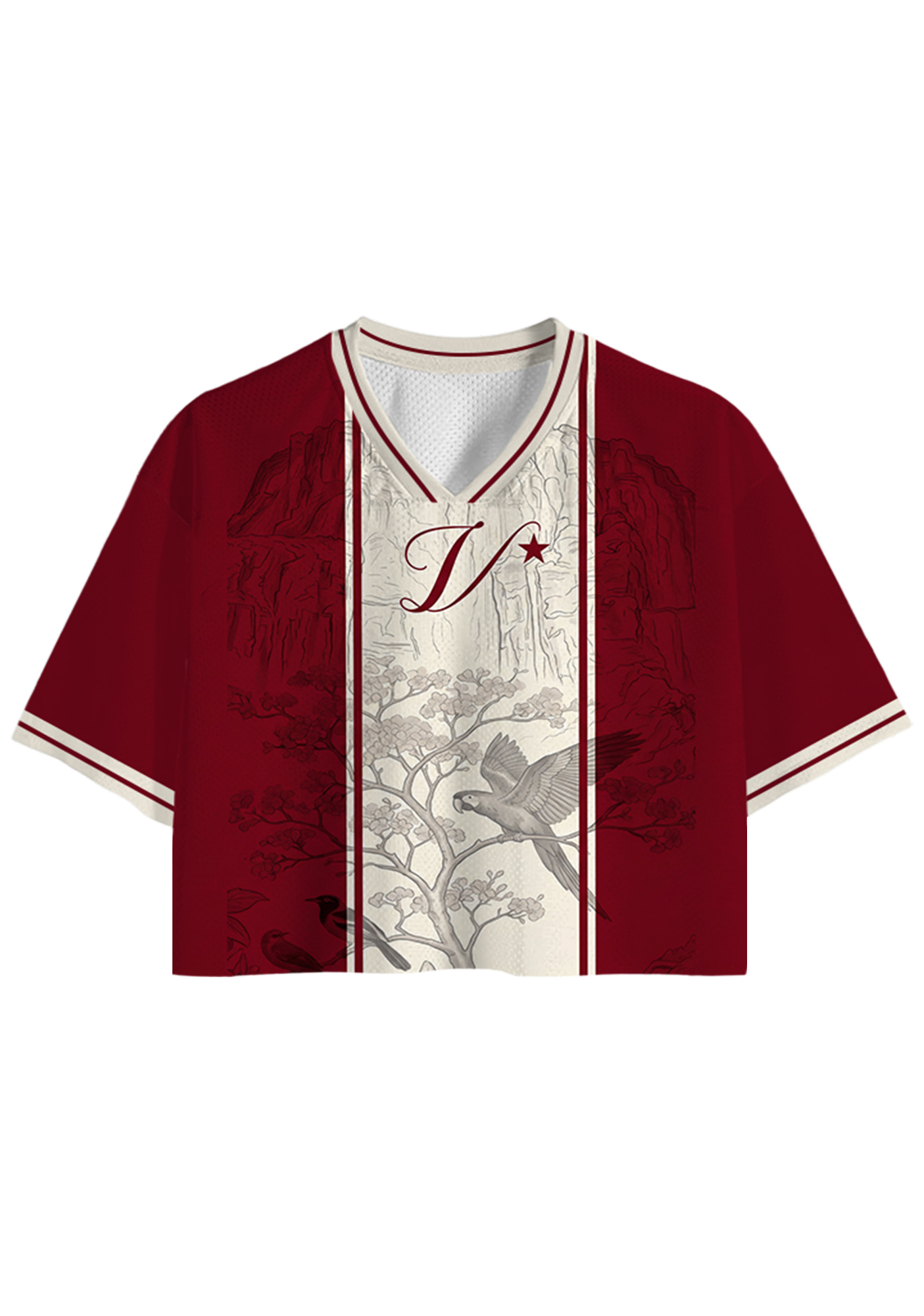 Burgundy Vintage Line Art Parrot Scenery Cropped Jersey Shirt