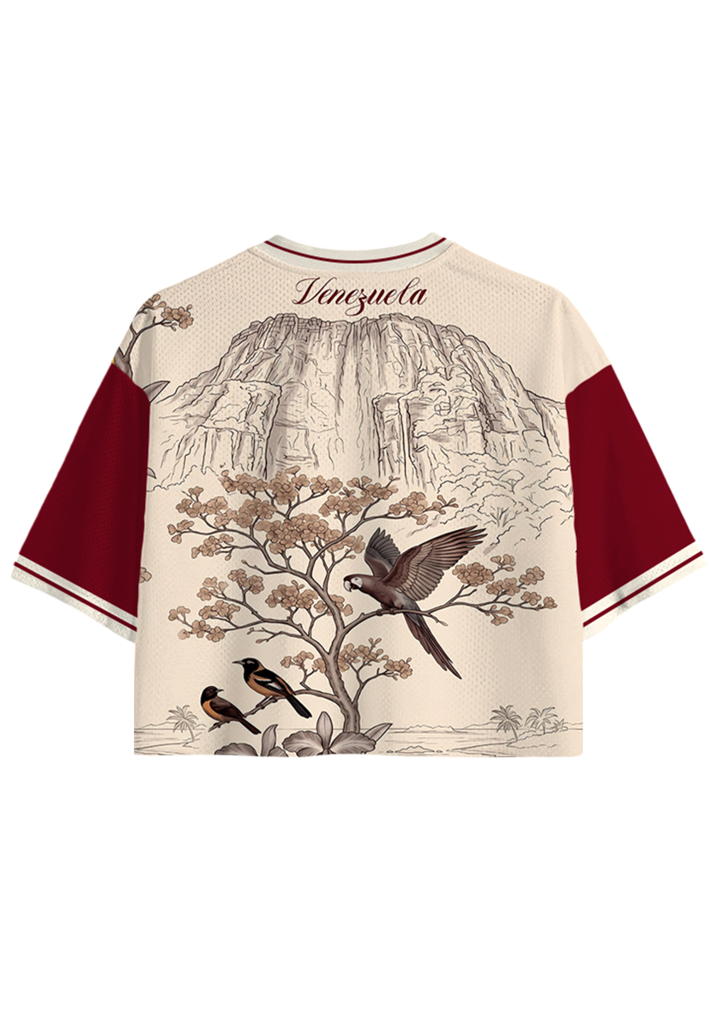 Burgundy Vintage Line Art Parrot Scenery Cropped Jersey Shirt