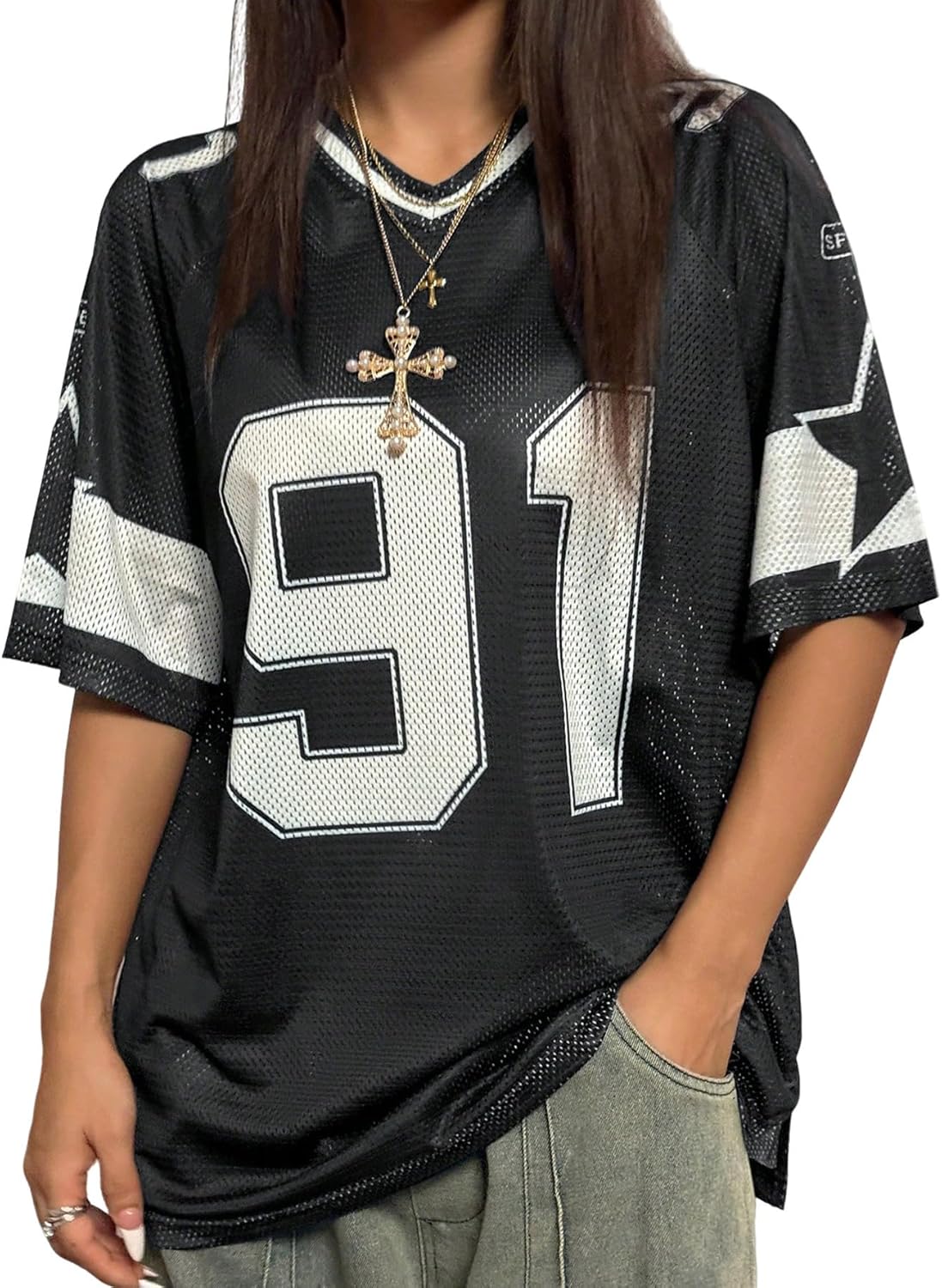 Women's Graphic Football Jersey Top V Neck Short Sleeve Loose T Shirt Streetwear