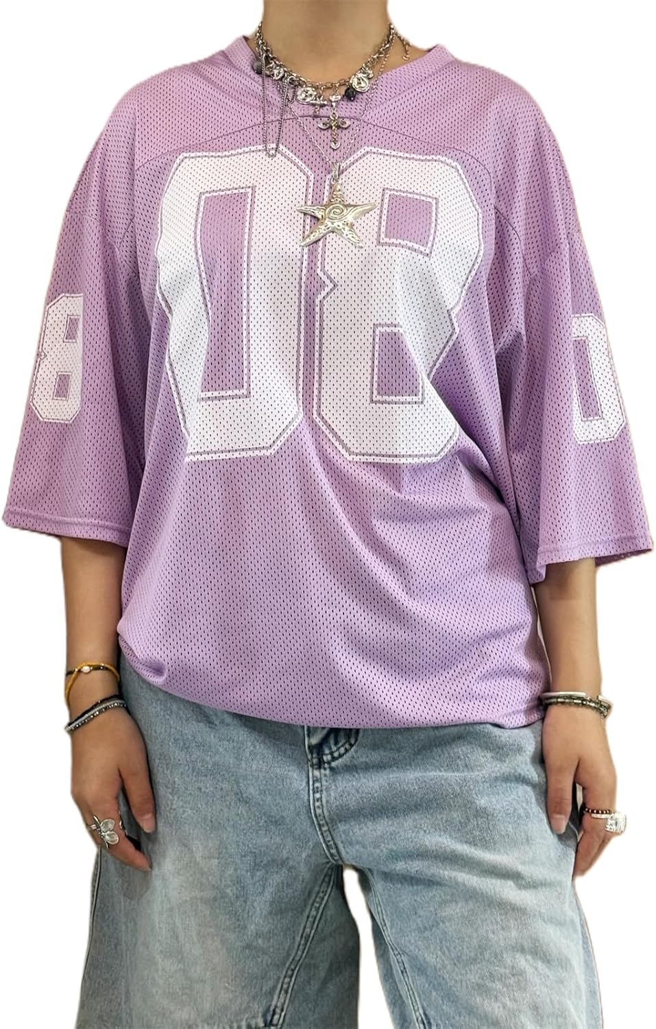 Oversized Jersey Shirts for Women Y2k Number Graphic Print V Neck Short Sleeve Aesthetic Summer T-Shirt Streetwear