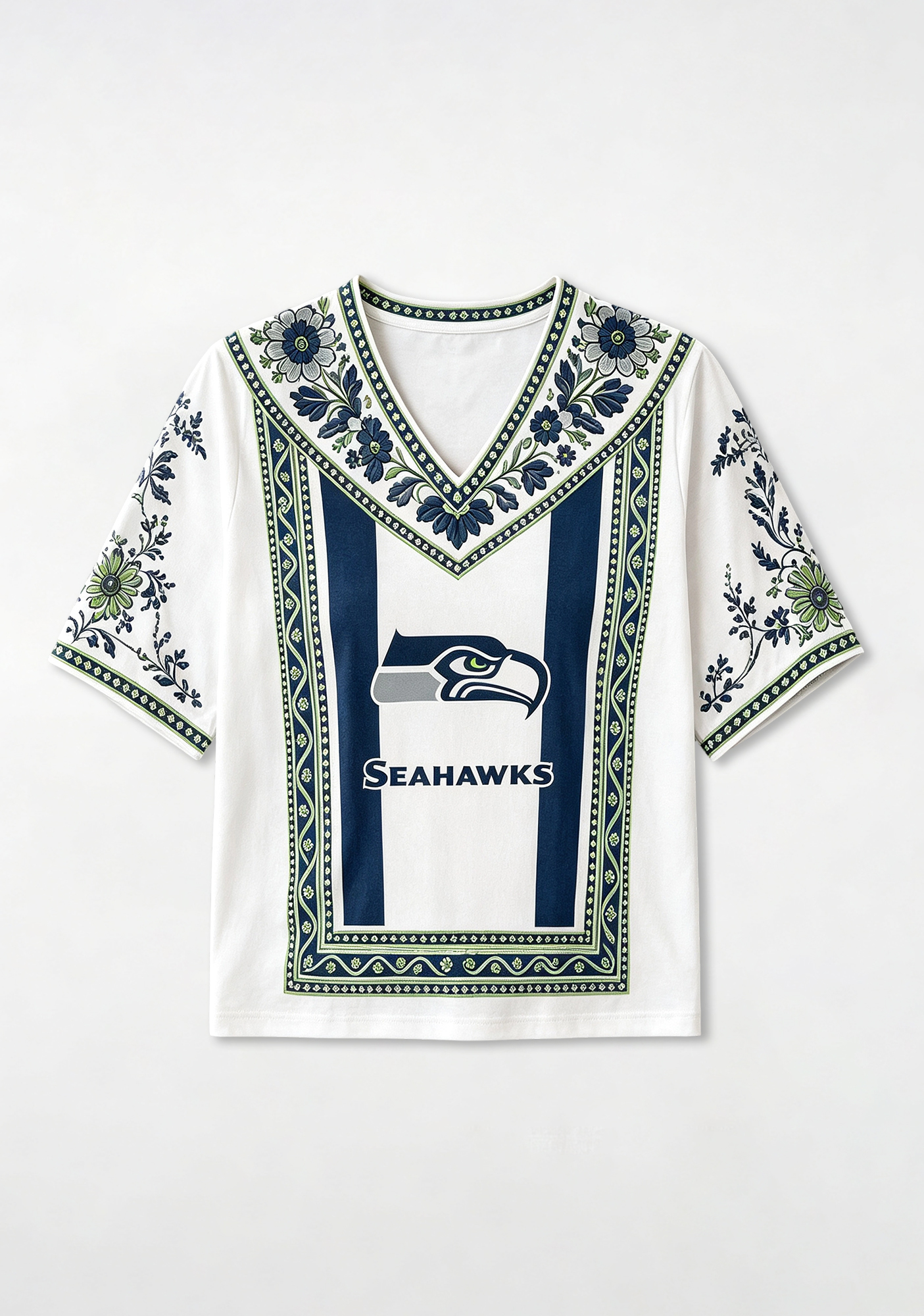 Boho Seahawks Border Floral V-Neck Blouse