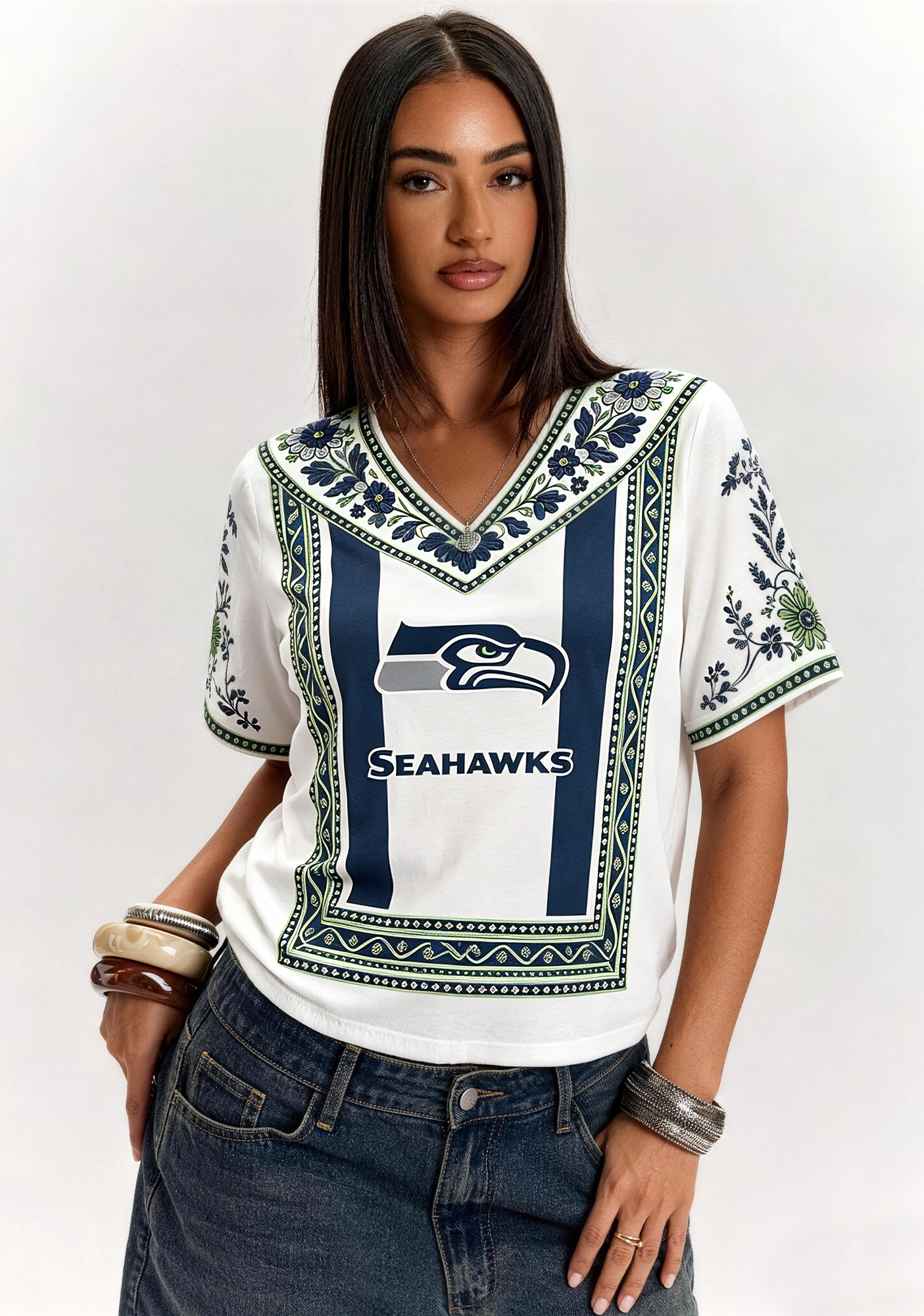 Boho Seahawks Border Floral V-Neck Blouse