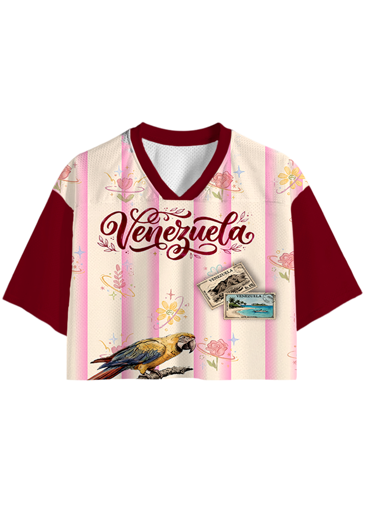 Striped Venezuela Tropical Parrot Postage Stamp Floral Cropped Jersey Shirt