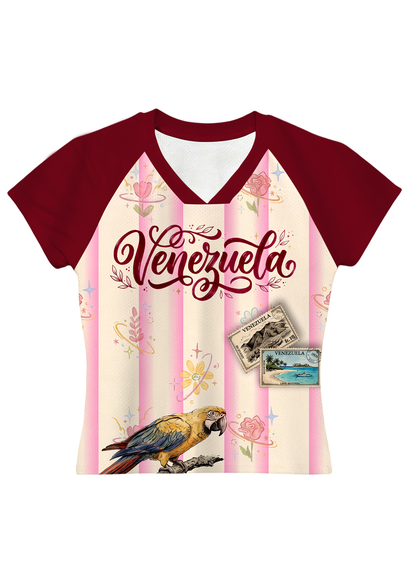Striped Venezuela Tropical Parrot Postage Stamp Floral Baby Tee