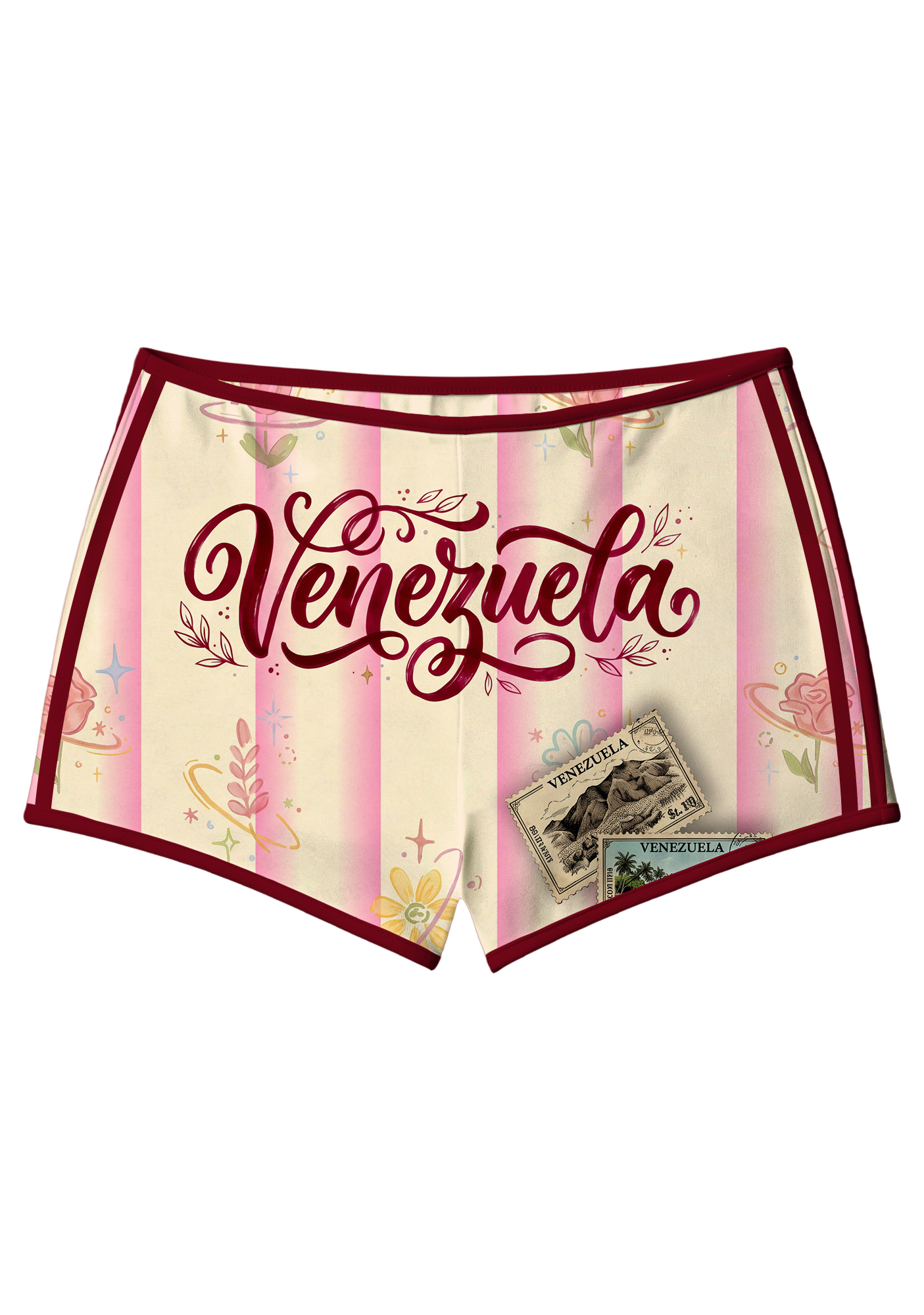 Venezuela Vintage Stamp Pink Stripe Booty Shorts