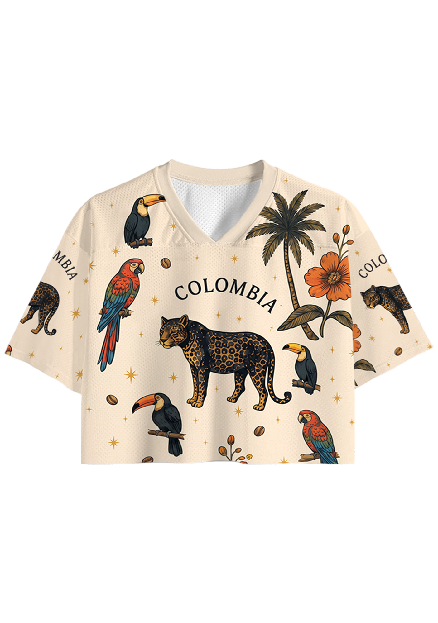 Colombia‑Inspired Tropical Wildlife Print Cropped Jersey Shirt