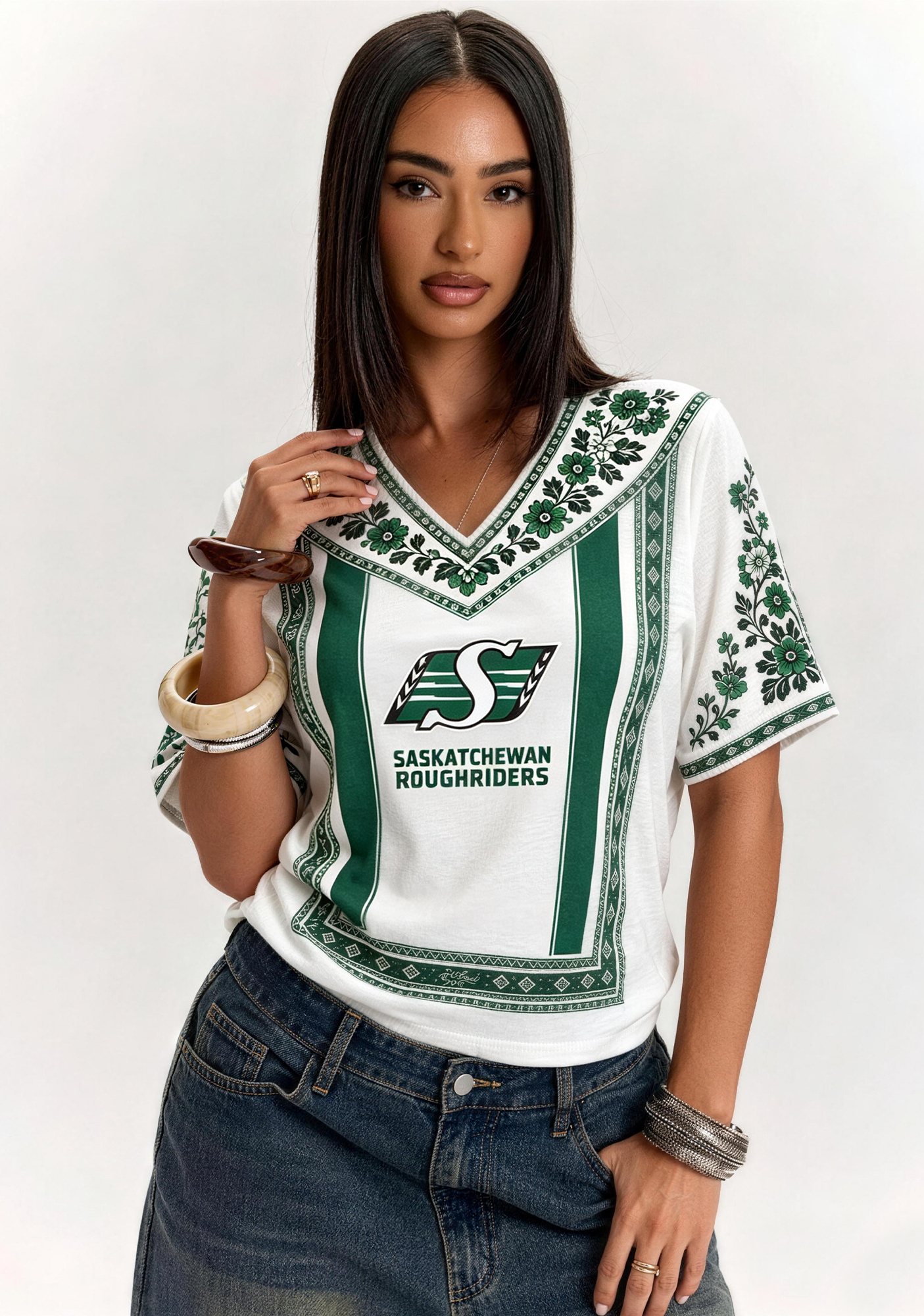Boho Saskatchewan Roughriders Floral V-Neck Blouse
