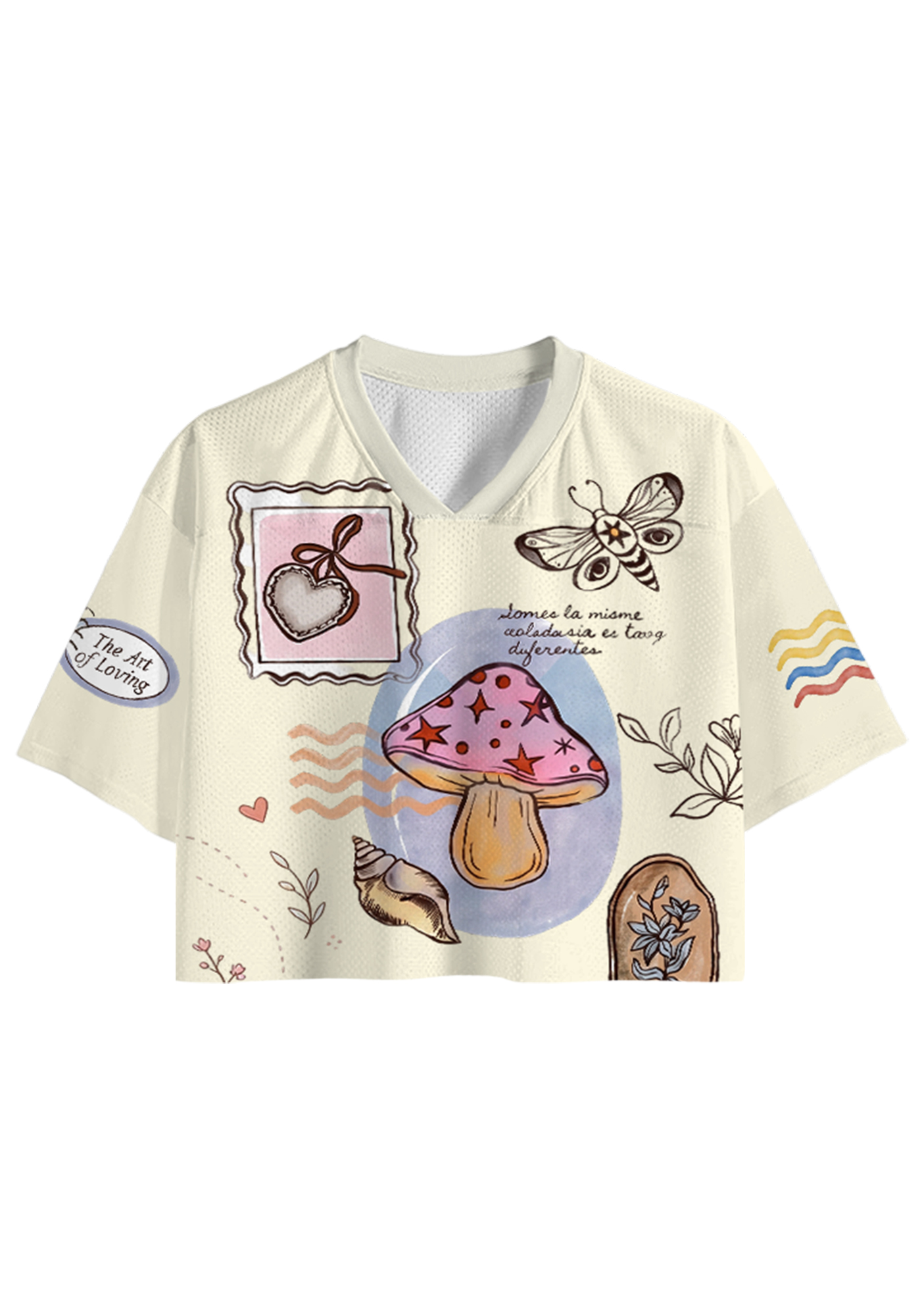 Fairy‑Core Mushroom Doodle Cropped Jersey Shirt