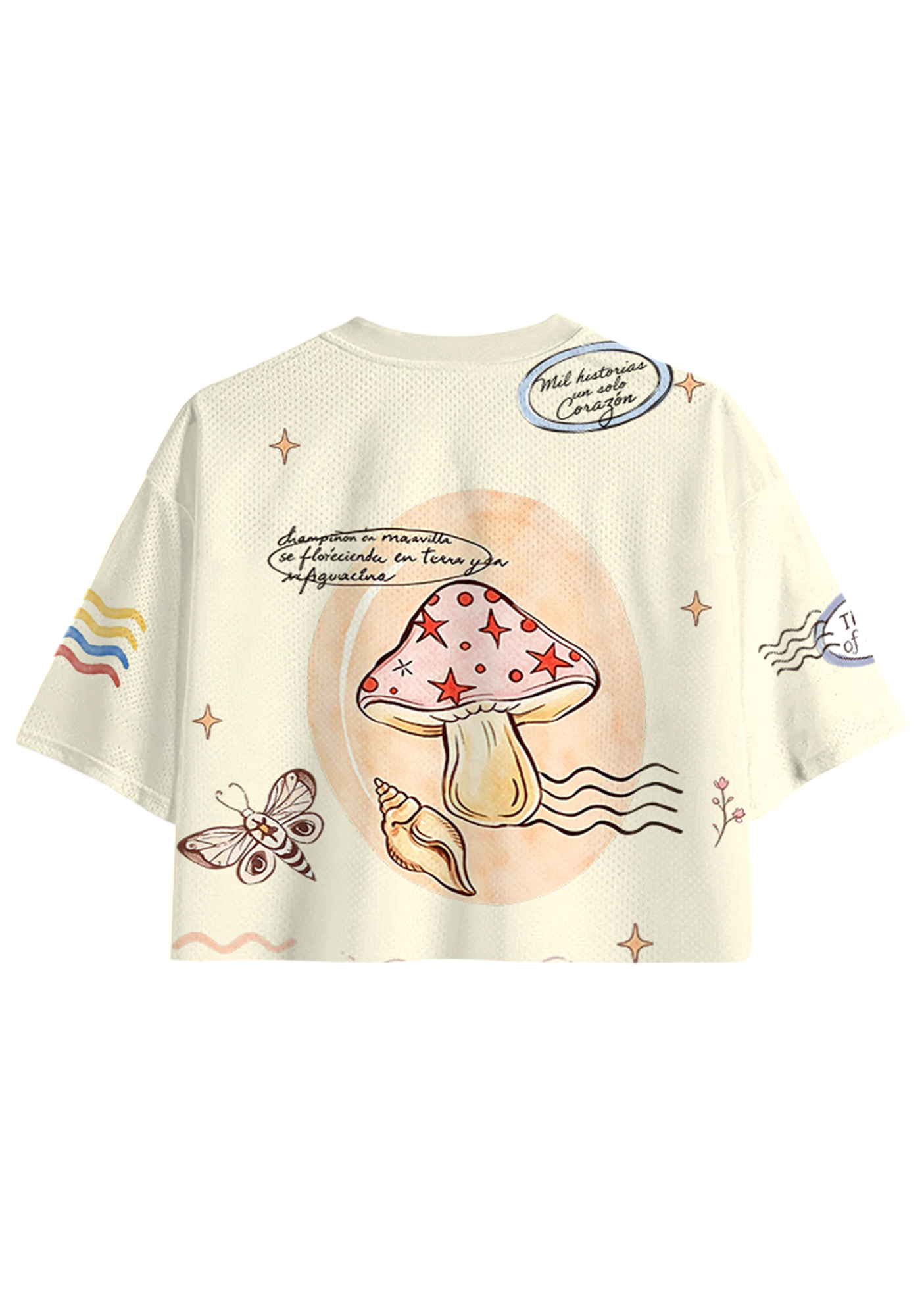 Fairy‑Core Mushroom Doodle Cropped Jersey Shirt