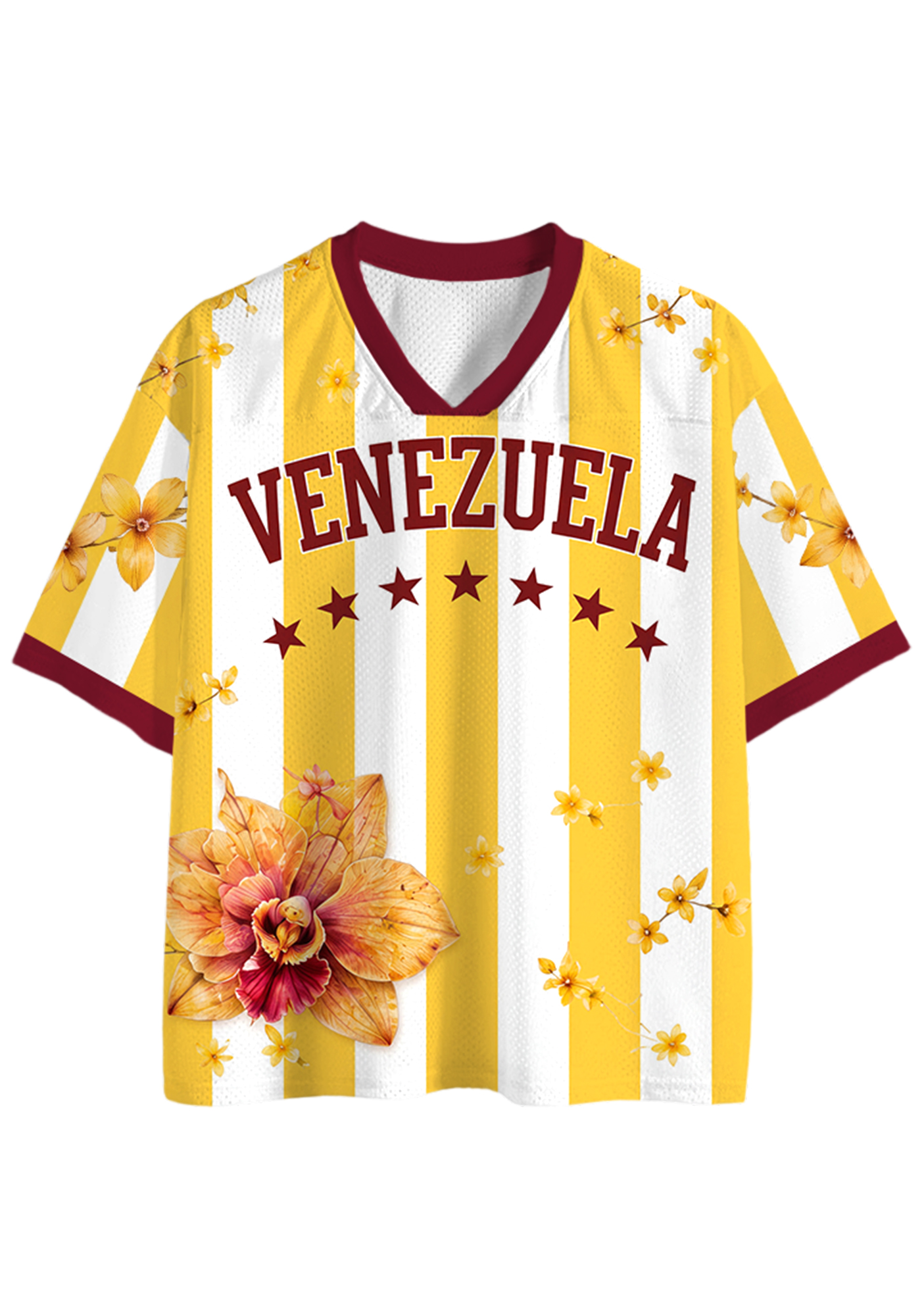 Yellow White Striped Venezuela Floral Graphic Mesh Jersey Shirts