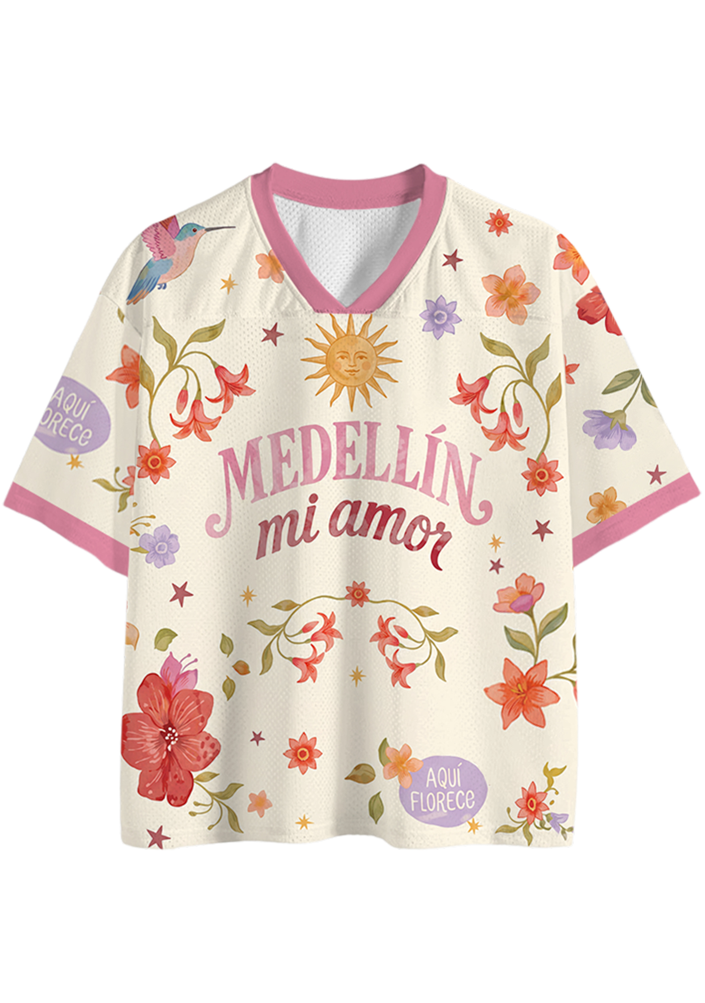 Medellin Floral Hummingbird Graphic Mesh Jersey Shirts
