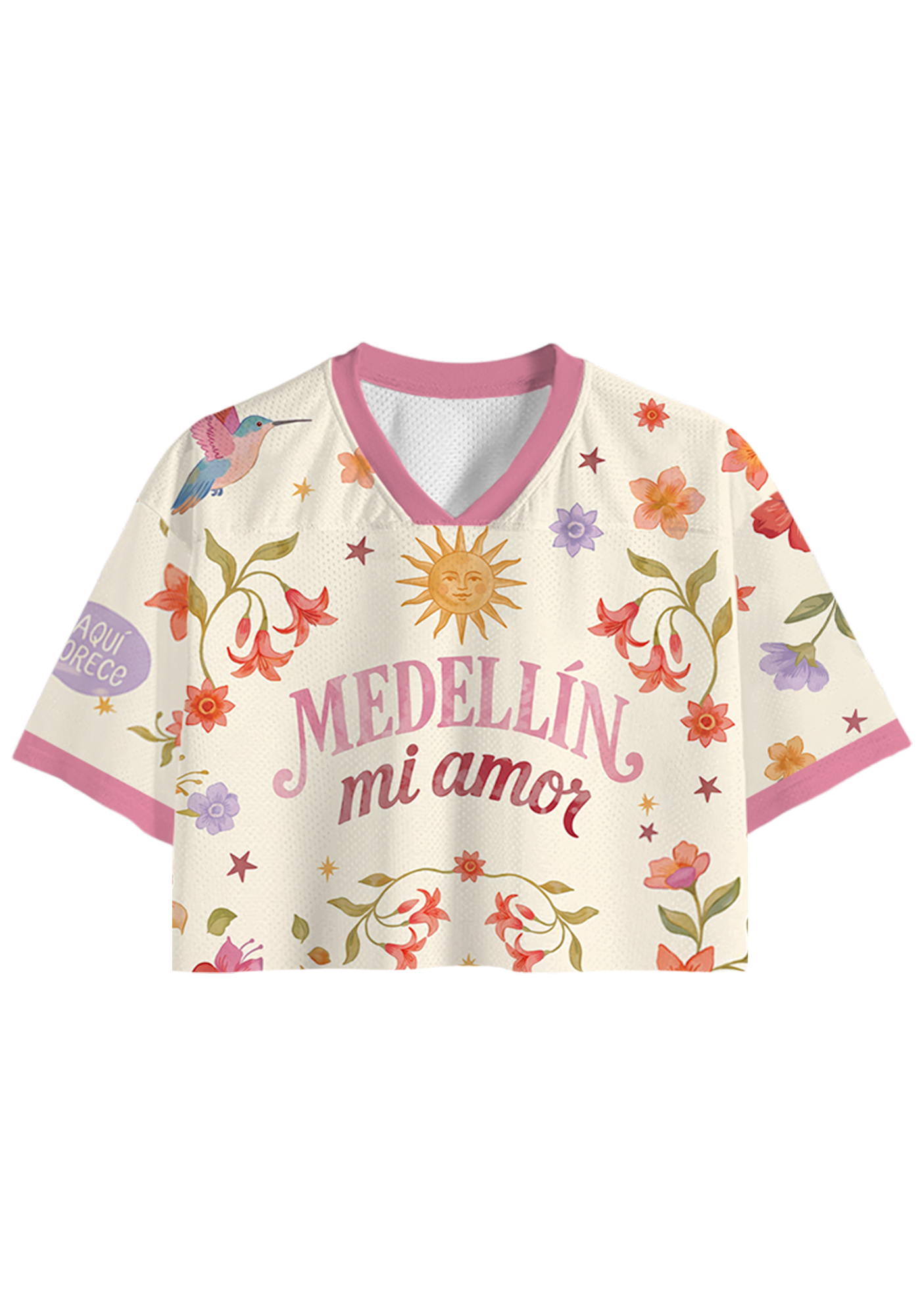 Medellin Floral Hummingbird Graphic Cropped Jersey Shirt
