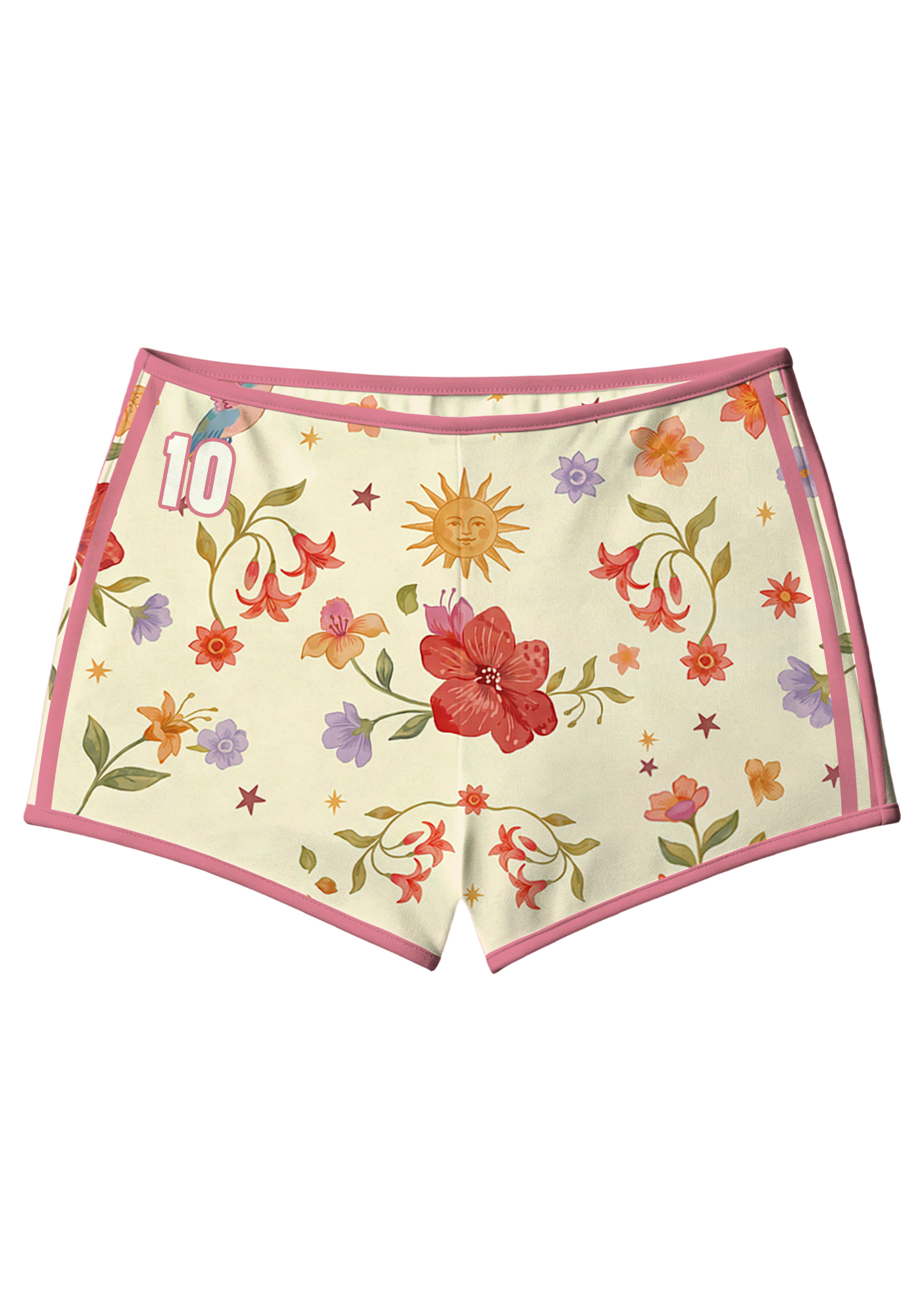 Folk Wildflower Retro‑Sun Star Bird Booty Shorts