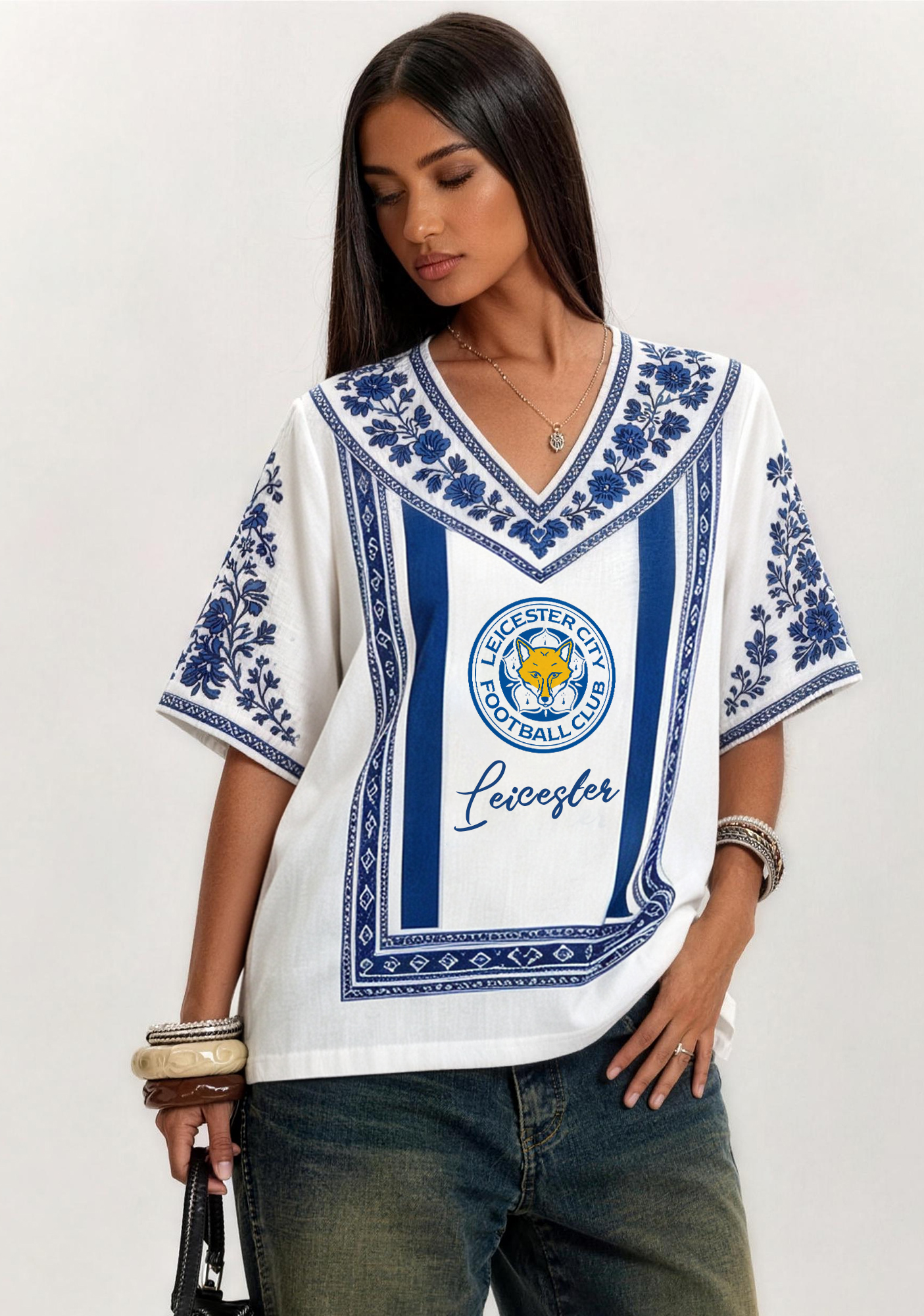 Boho Floral Featuring Leicester City V-Neck Blouse