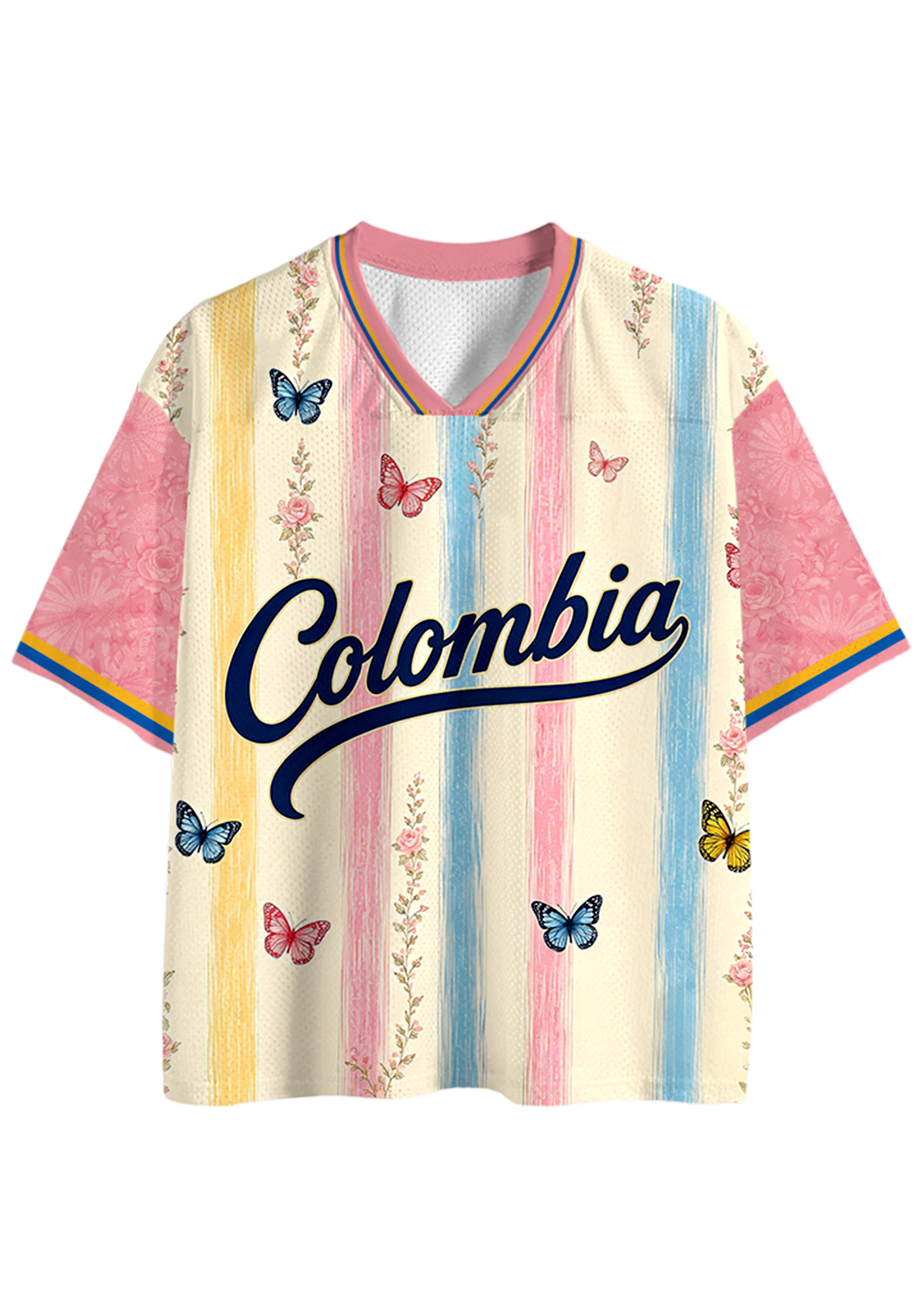 Colombia Butterfly Floral Striped Mesh Jersey Shirts