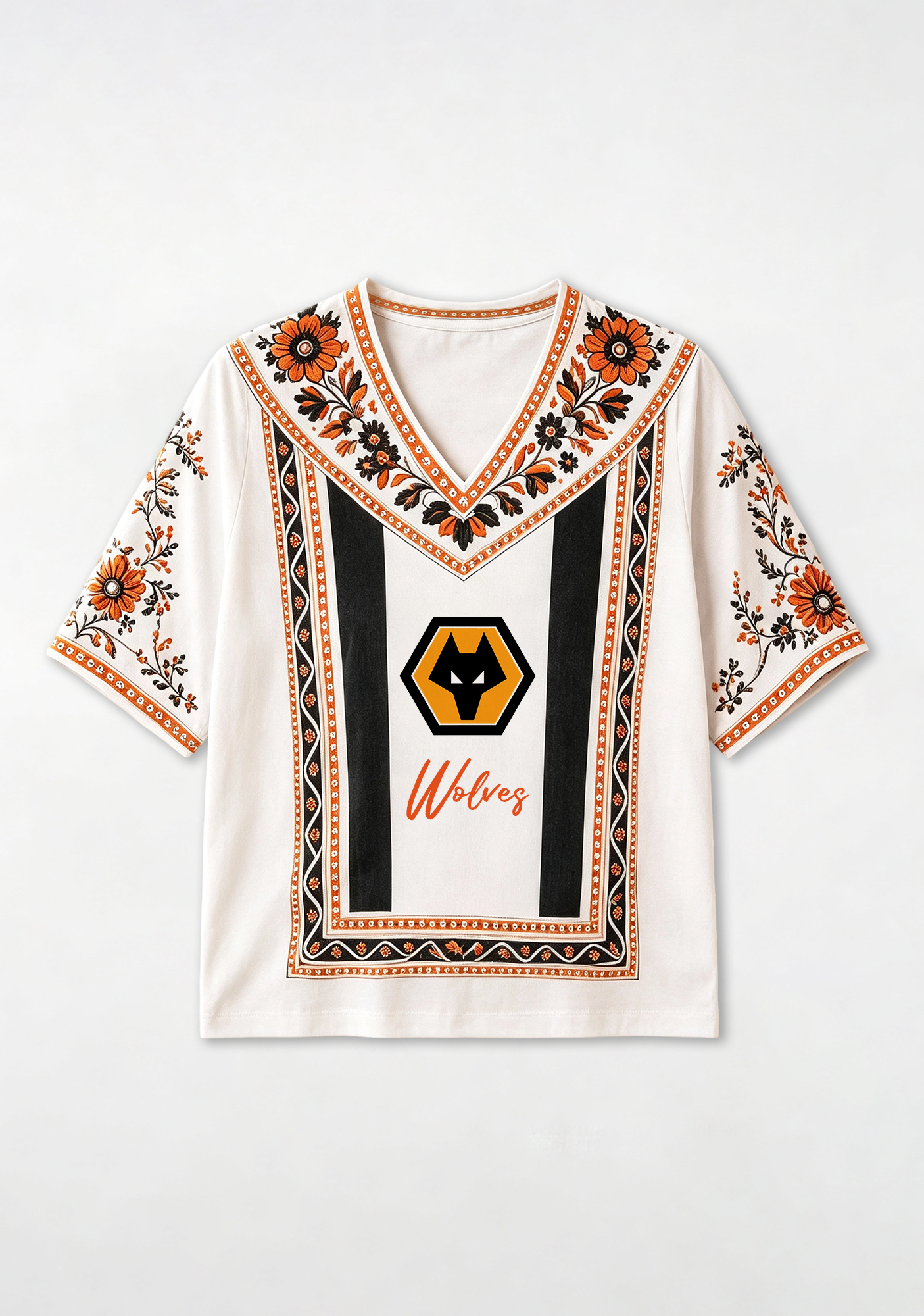 Boho Floral Border Print Featuring Wolves V-Neck Blouse