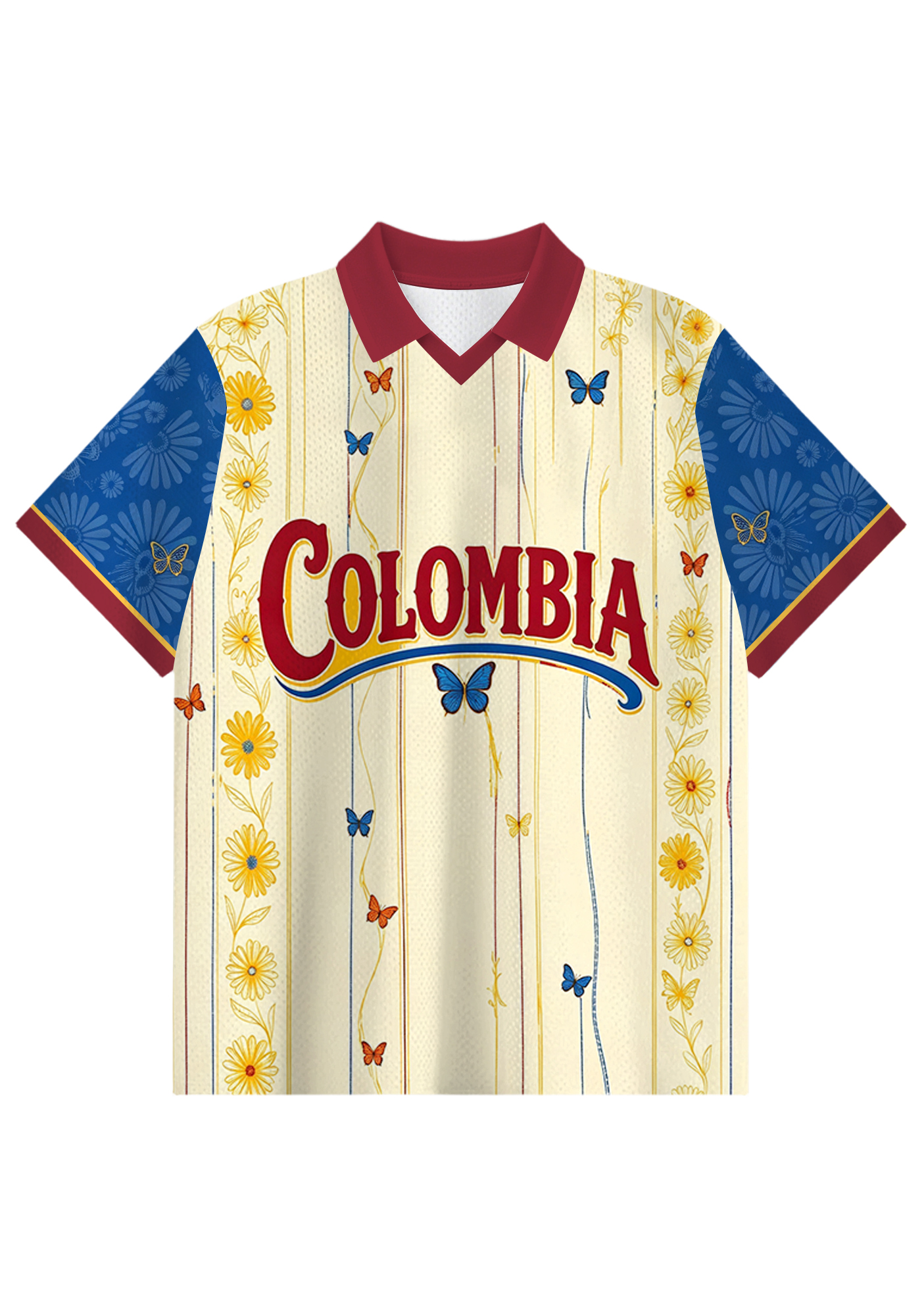 Colombia Daisy Butterfly Vine Striped Art Print Collared Jersey Shirt