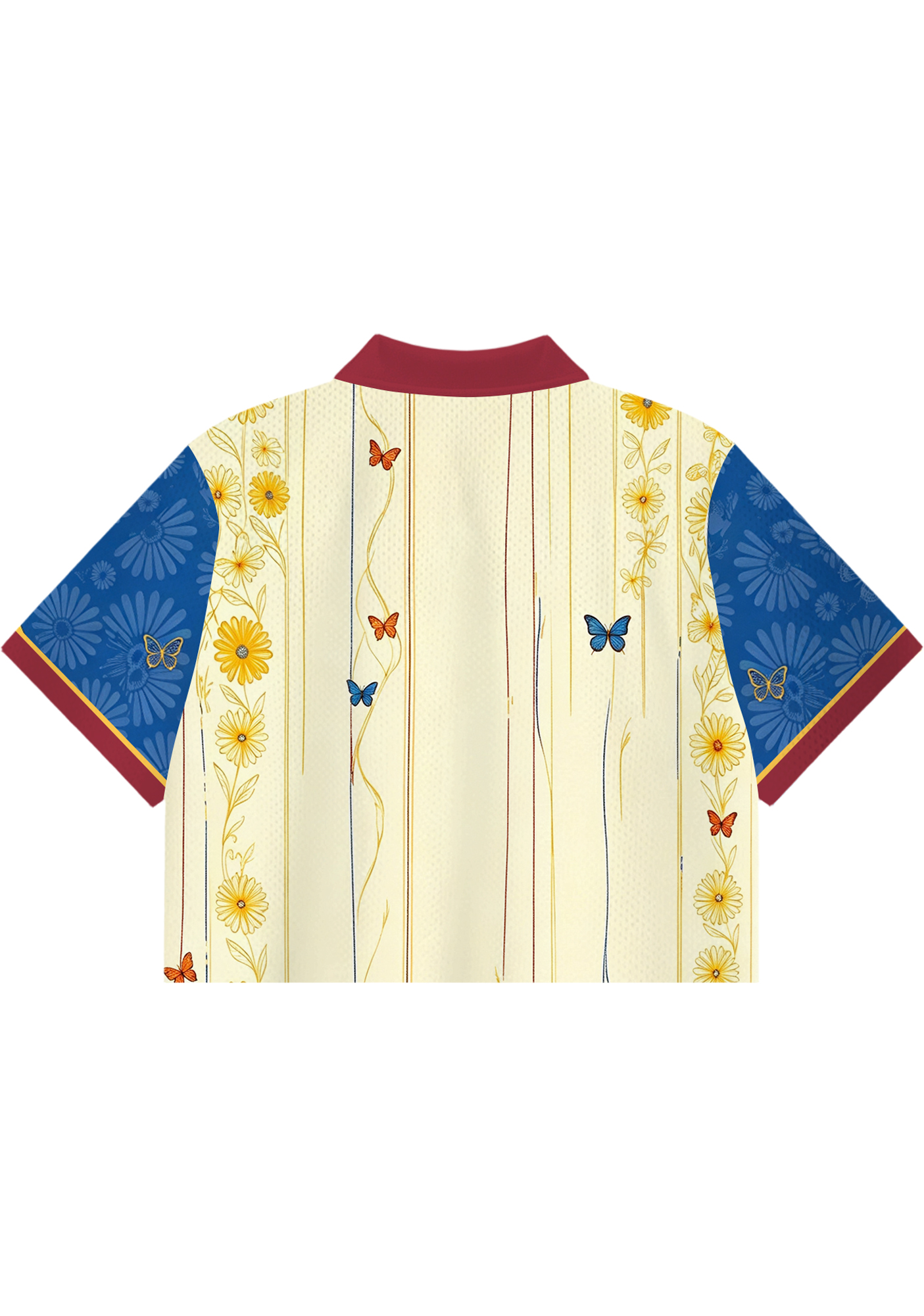 Colombia Daisy Butterfly Vine Striped Art Cropped Collared Jersey Shirt