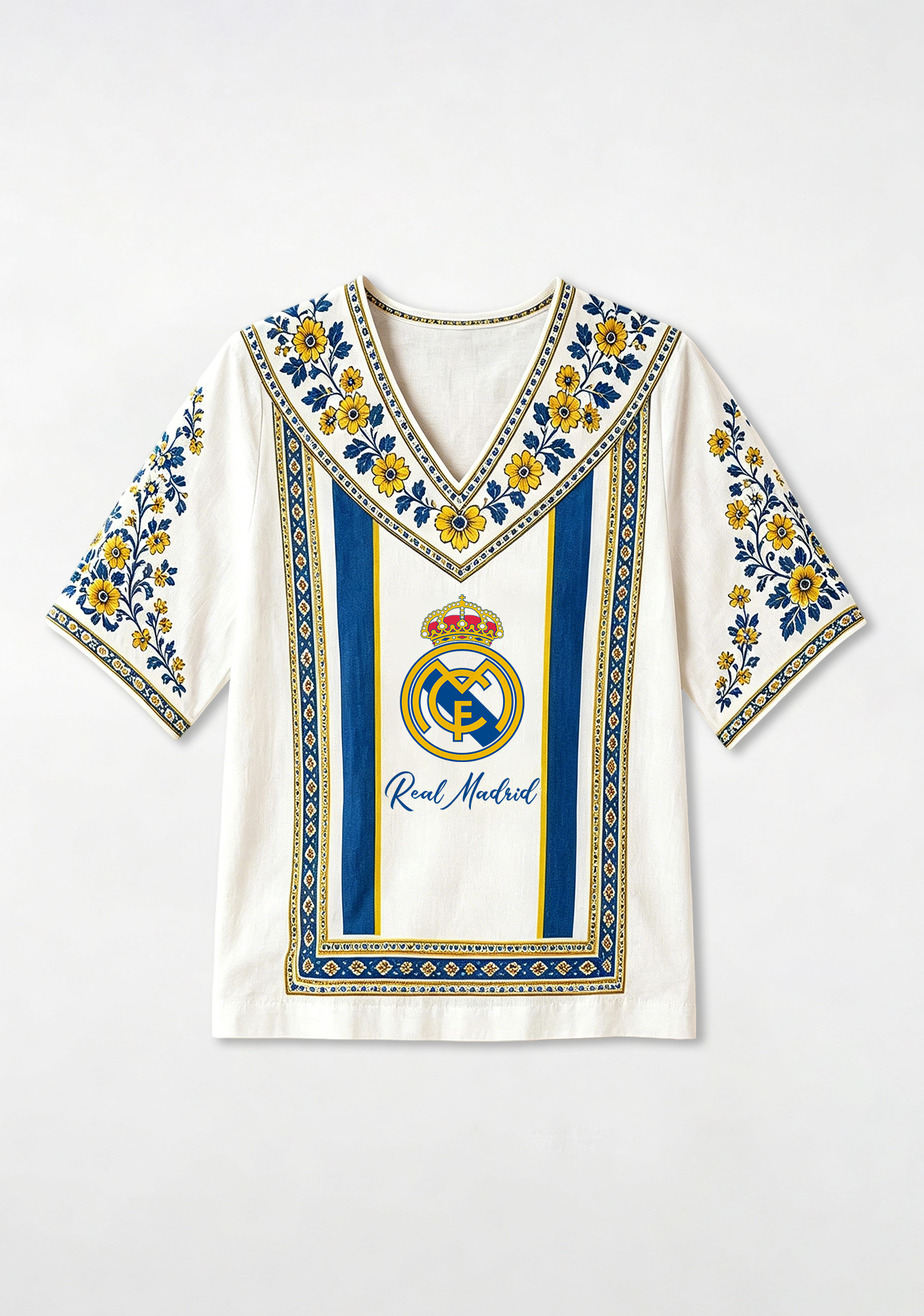 Boho Floral Border Print Featuring Real Madrid V-Neck Blouse