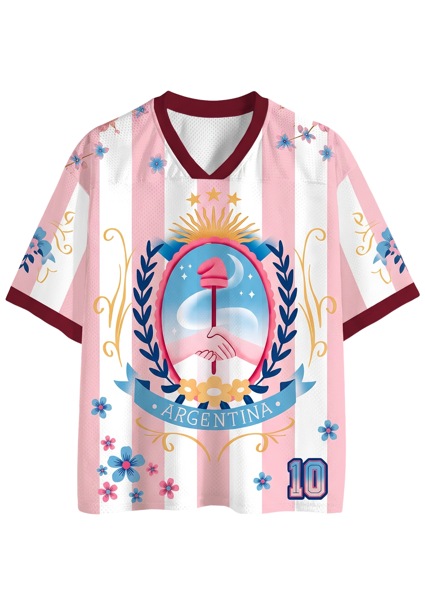 Argentina Vintage Crest Floral Pink Striped Mesh Jersey Shirts