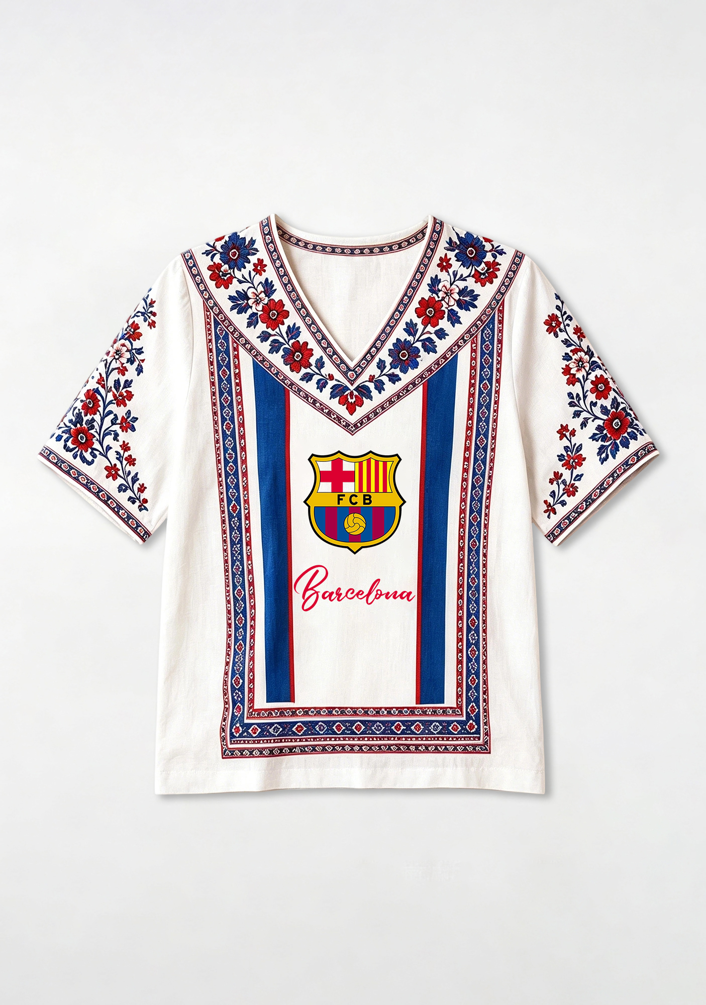 Boho Floral Border Print Featuring Barcelona V-Neck Blouse