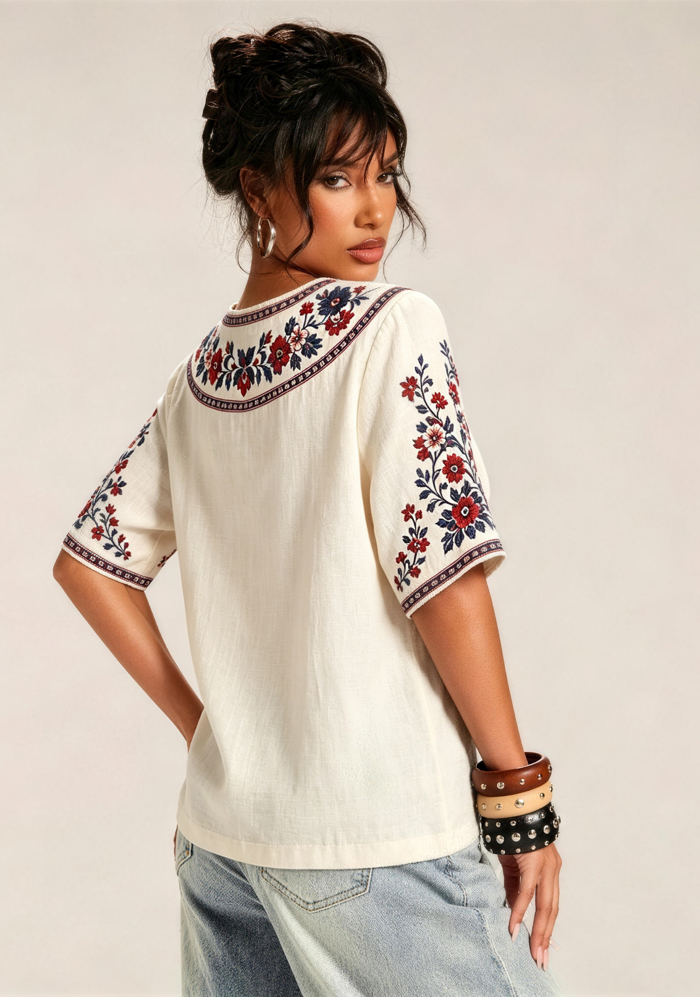 Boho Floral Border Print Featuring Barcelona V-Neck Blouse
