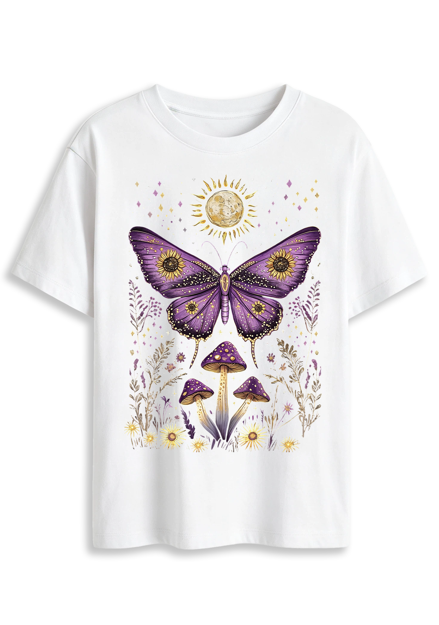 Mystical Moth Mushroom Celestial Moon Sun Wildflower Graphic T-Shirt