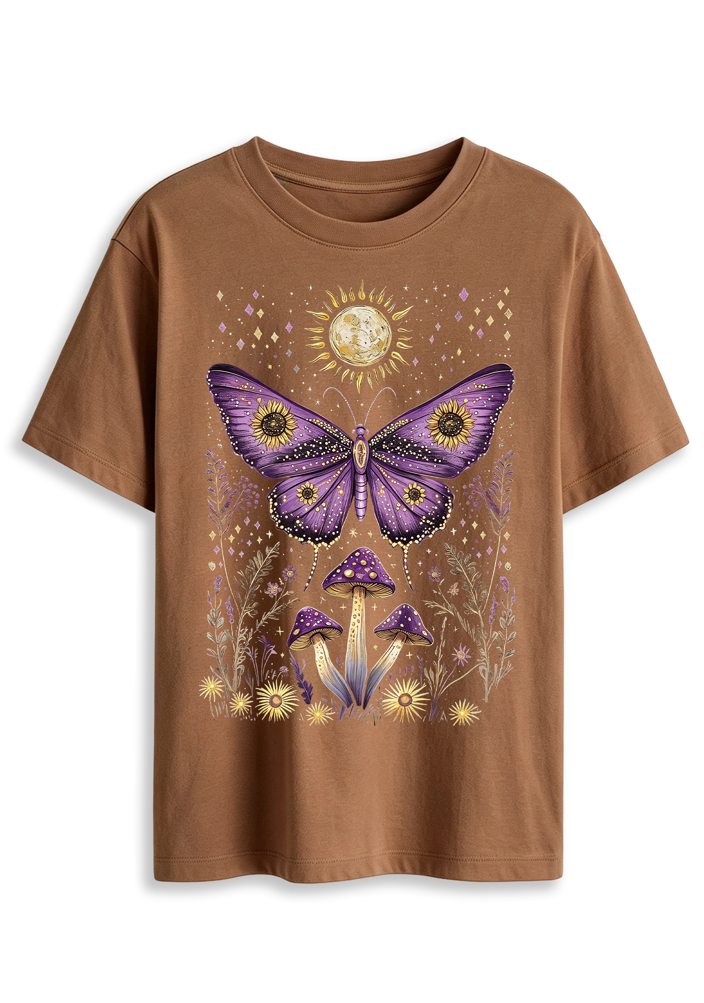 Mystical Moth Mushroom Celestial Moon Sun Wildflower Graphic T-Shirt