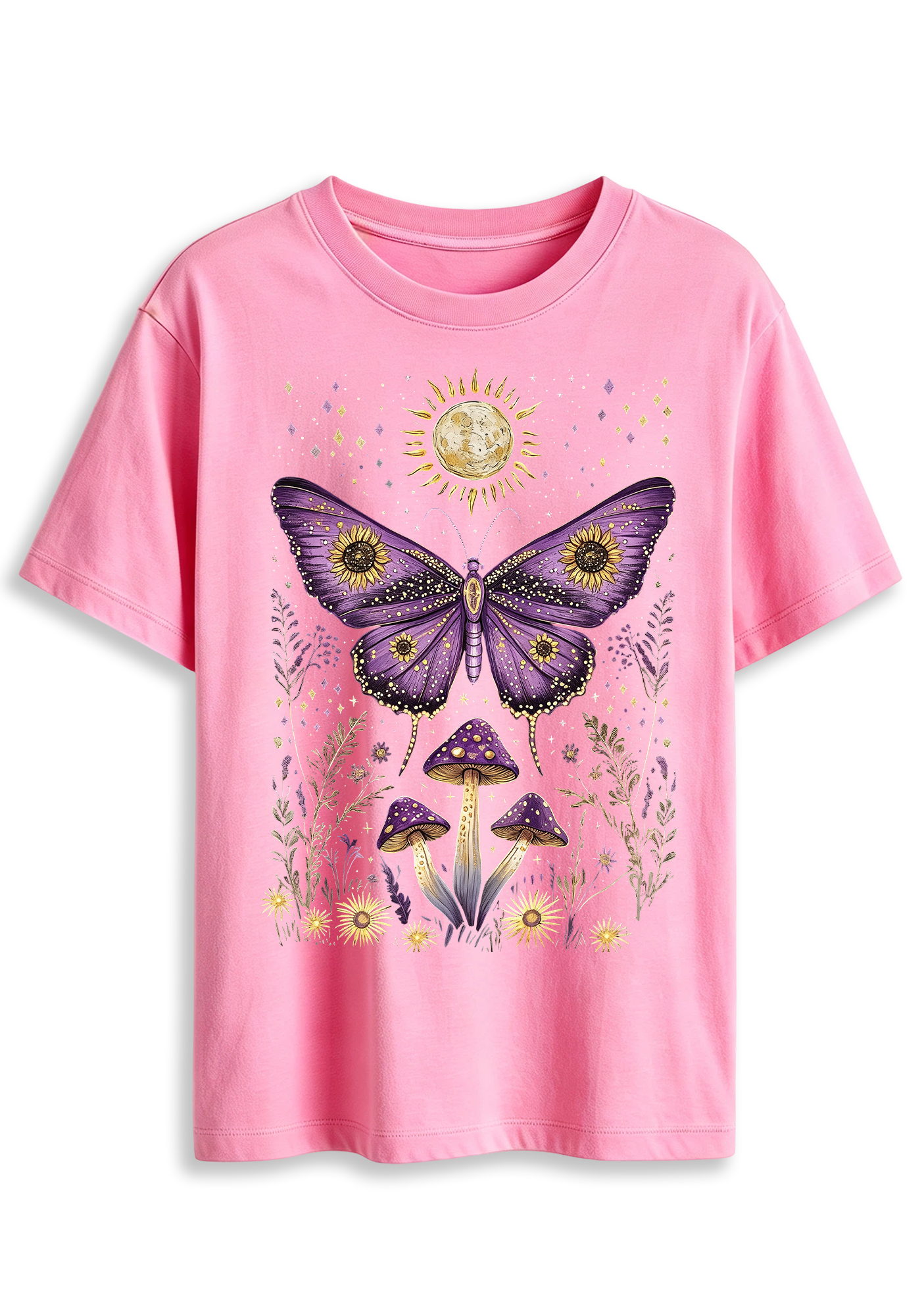 Mystical Moth Mushroom Celestial Moon Sun Wildflower Graphic T-Shirt
