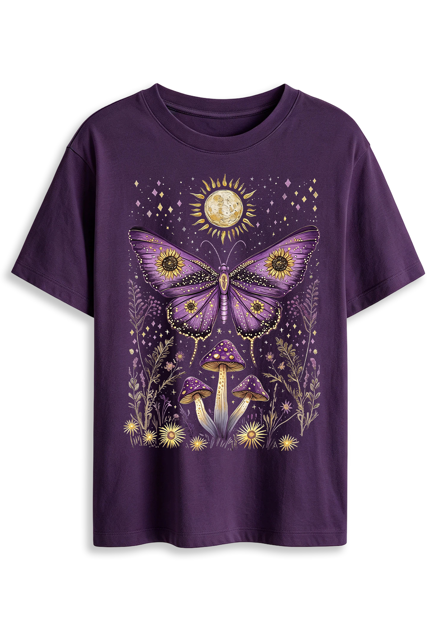 Mystical Moth Mushroom Celestial Moon Sun Wildflower Graphic T-Shirt